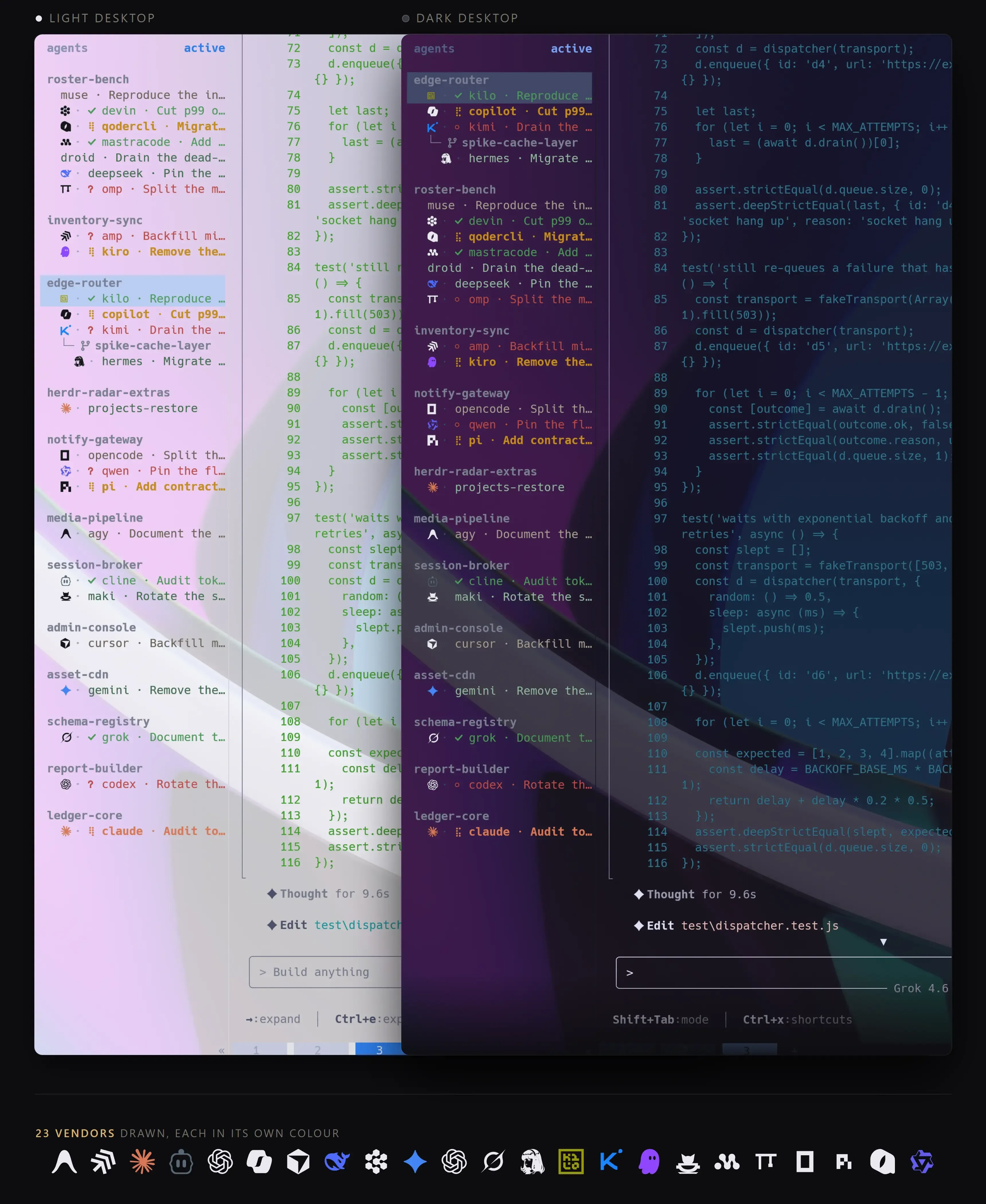 herdr-radar sidebar in light and dark themes: agents grouped by project with working/idle state