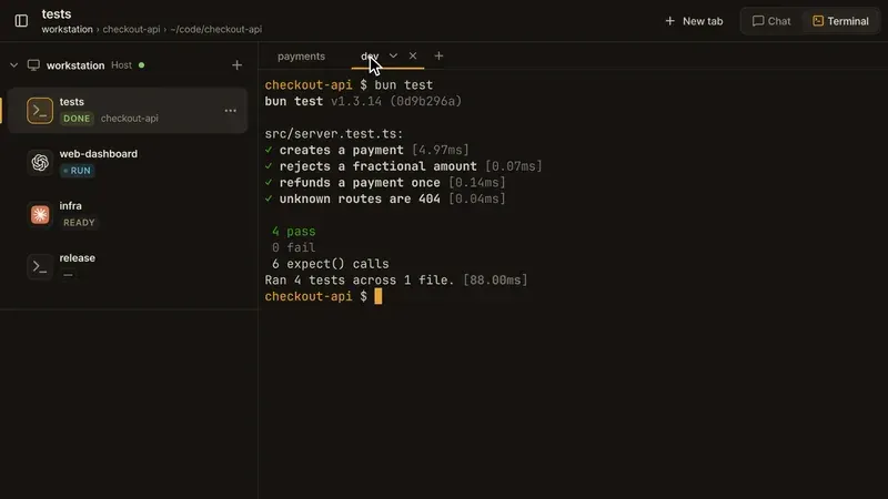 herdr-web-ui running in a browser: workspace sidebar on the left, tabbed agent panes, and a live terminal showing test output