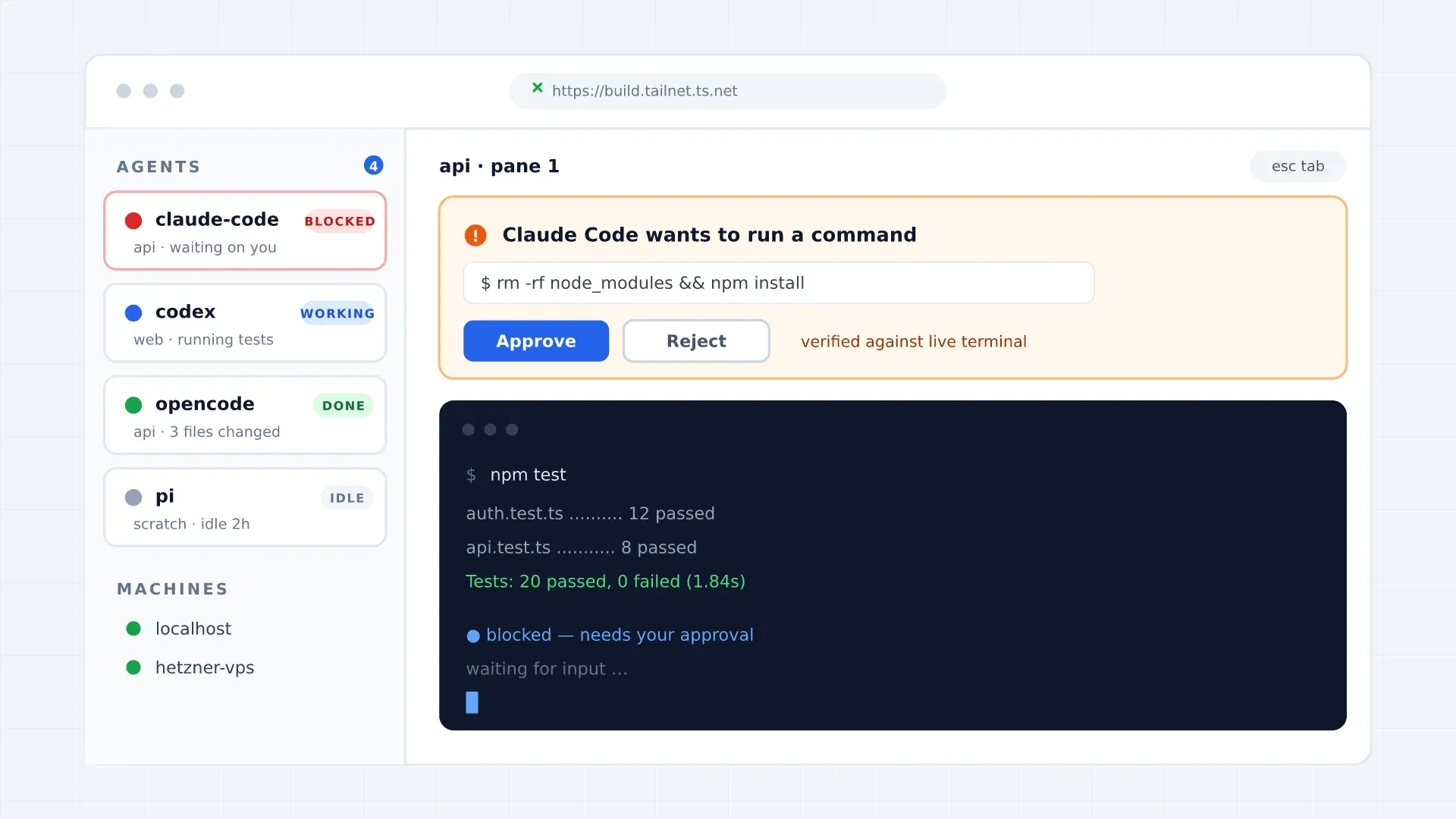 A Herdr web UI in the browser: agents sidebar with working/blocked/done status chips, an approval card for a pending command, and a live terminal pane