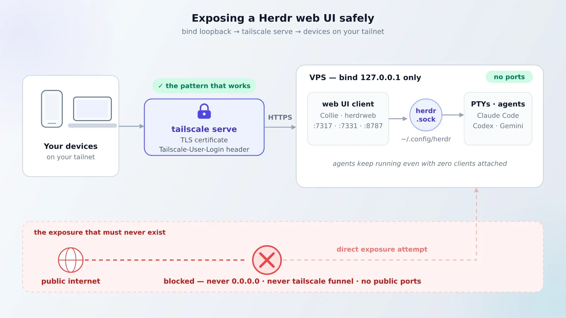 Diagram of the safe Herdr web UI exposure model: Tailscale serve fronts a loopback-only client