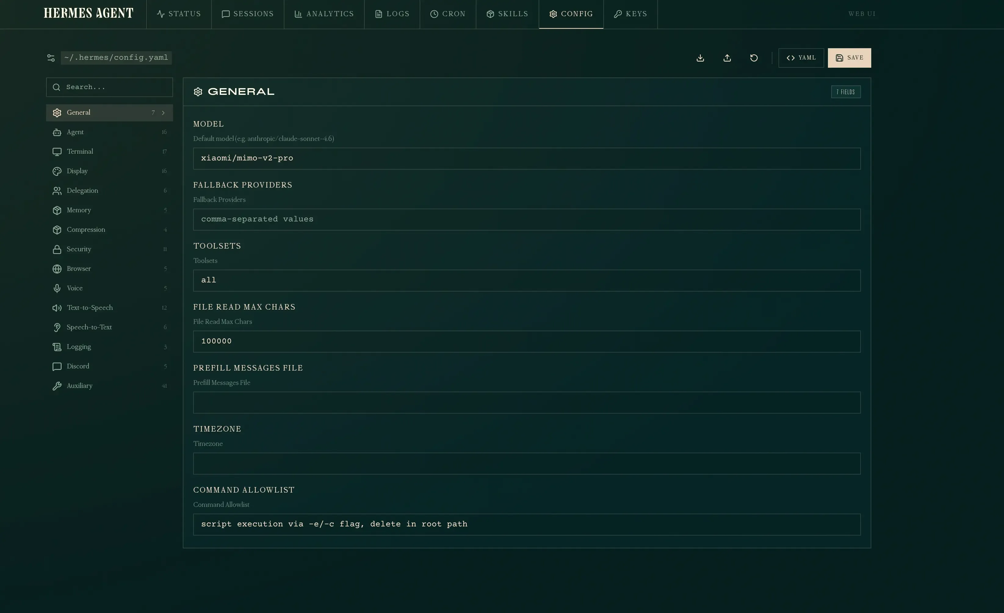 Hermes dashboard config page showing General settings including model, timezone, and command allowlist