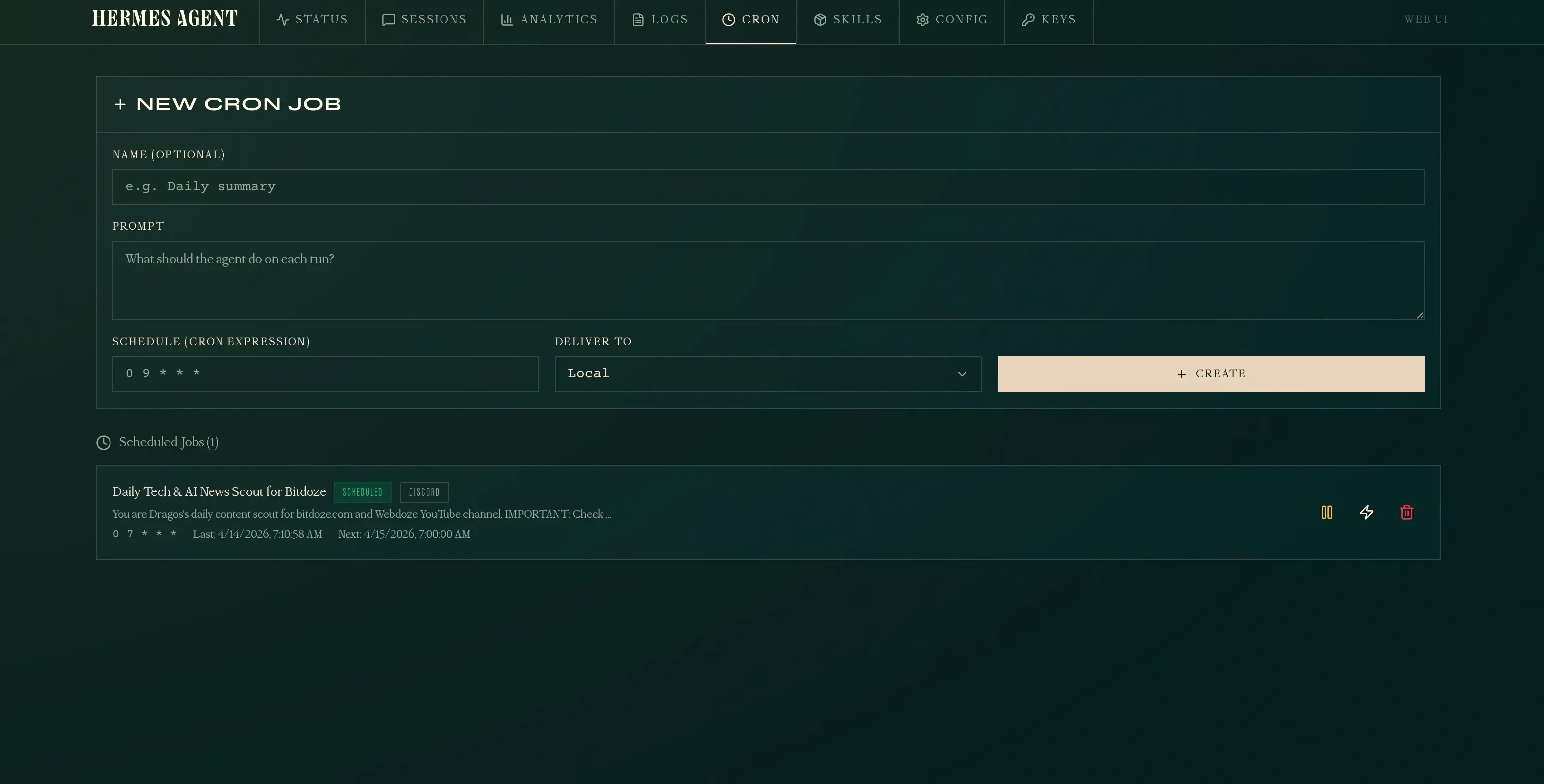 Hermes dashboard cron page showing job creation form and a scheduled daily tech news scout job