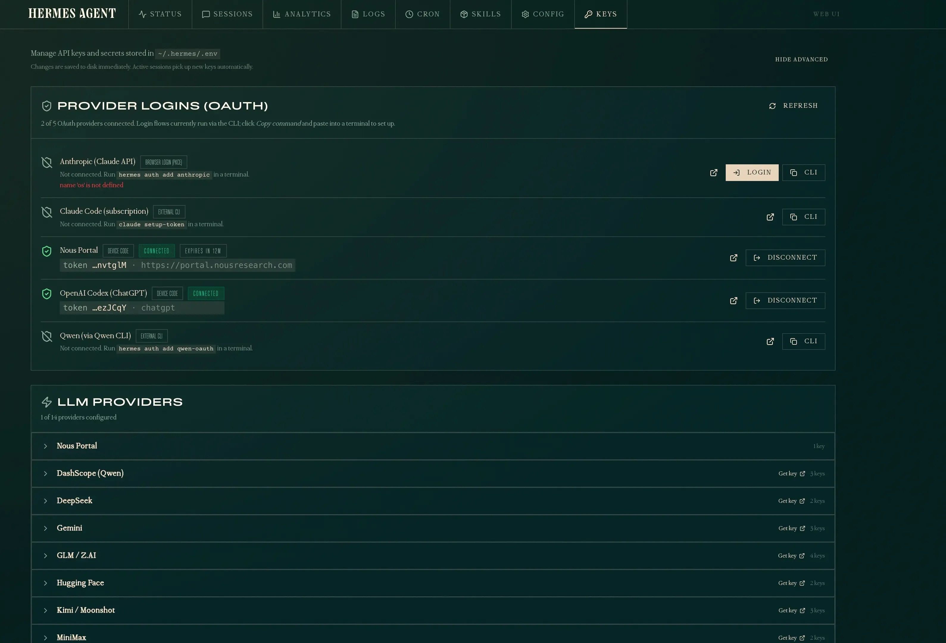 Hermes dashboard keys page showing OAuth provider connections and LLM provider API key management