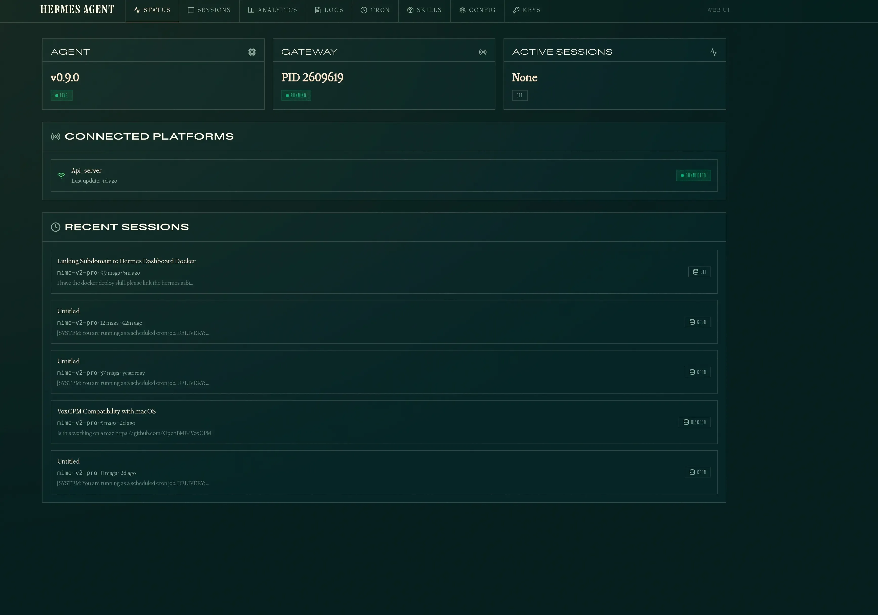Hermes dashboard status page showing agent health, gateway status, connected platforms, and recent sessions