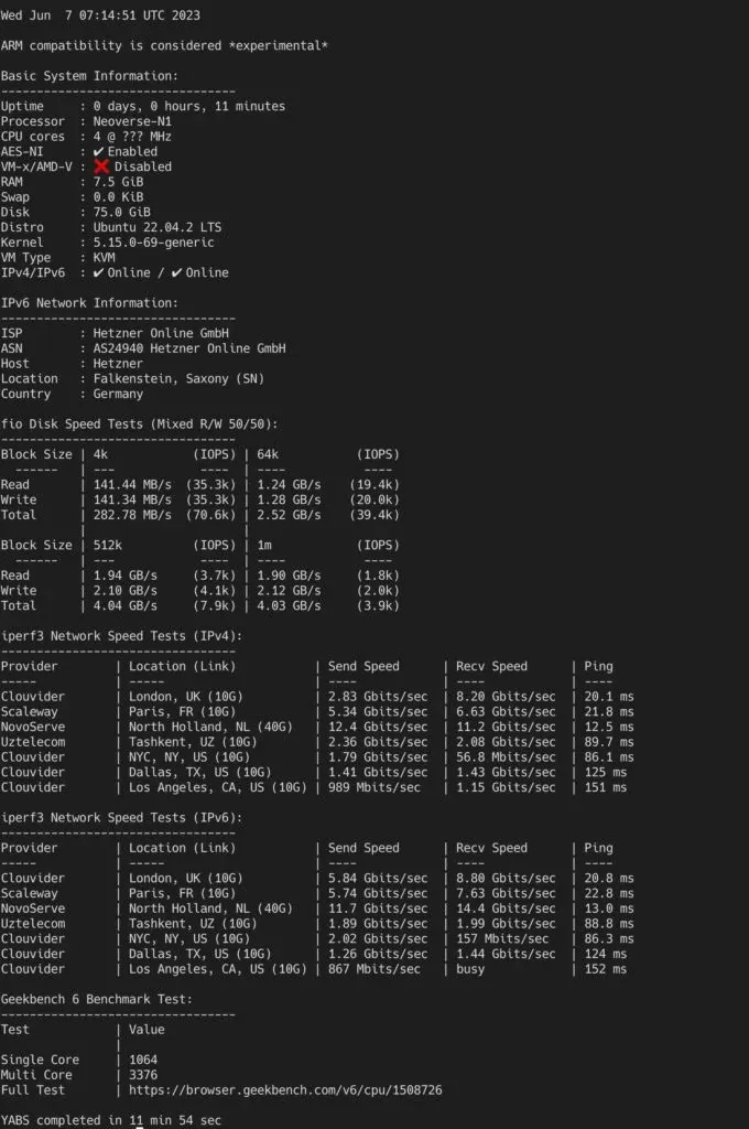 Hetzner ARM VPS benchmark results