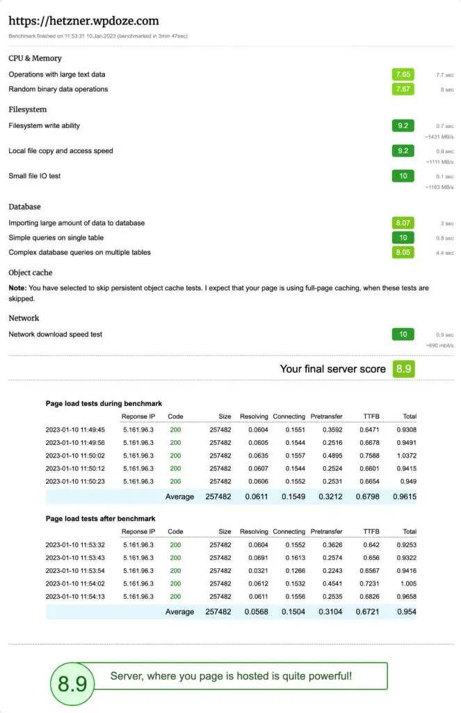 Hetzner WordPress benchmark score