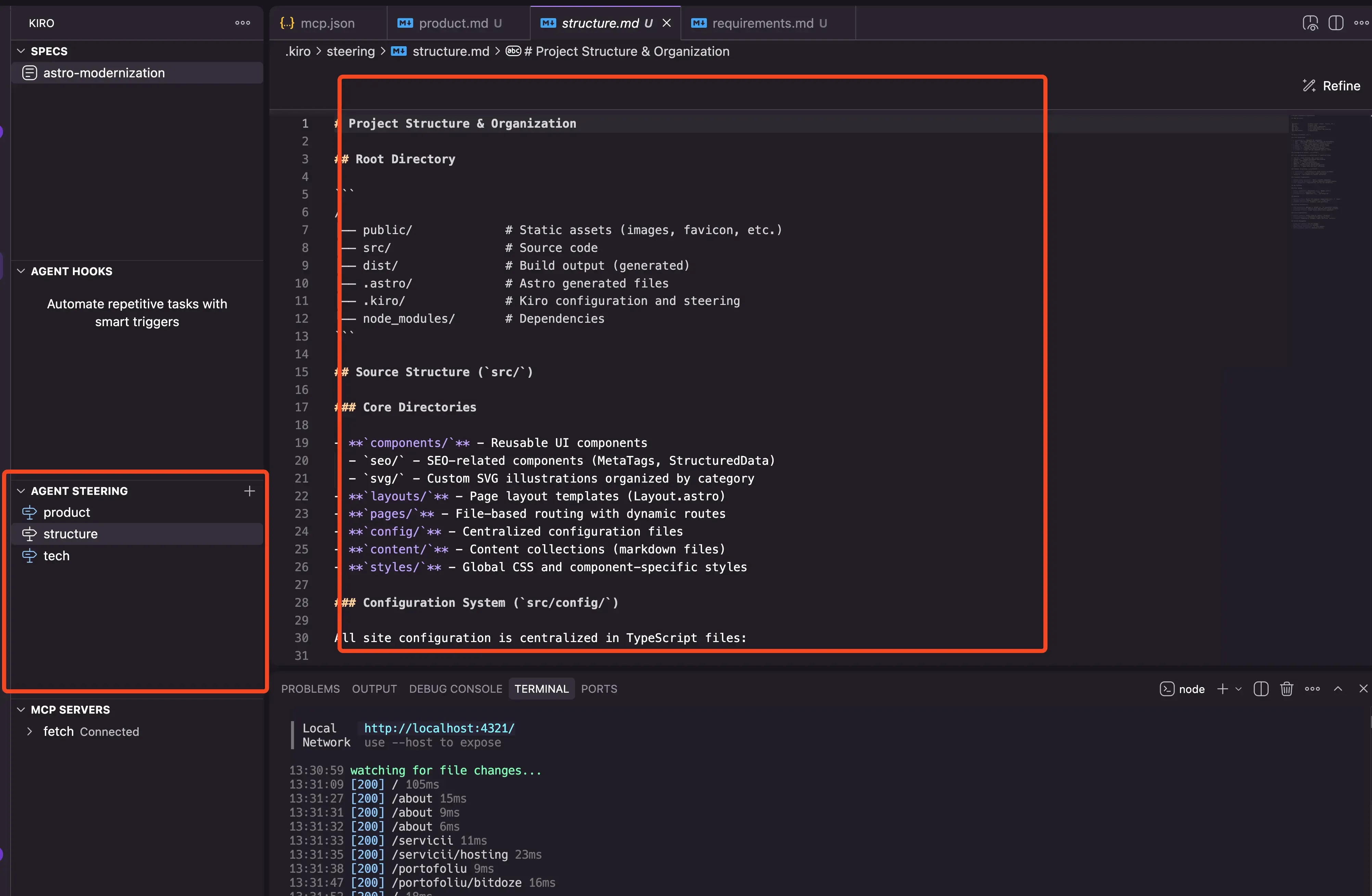 Kiro AI IDE steering files configuration under .kiro directory