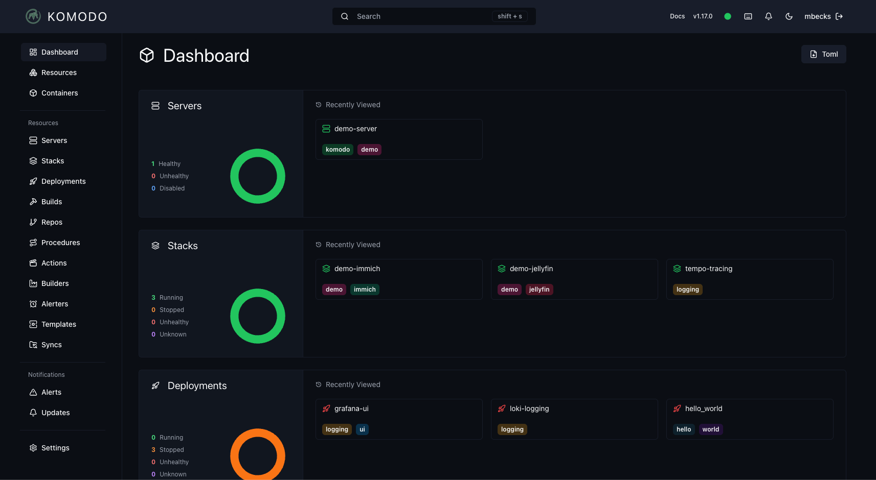 Komodo dashboard showing server status and deployment overview