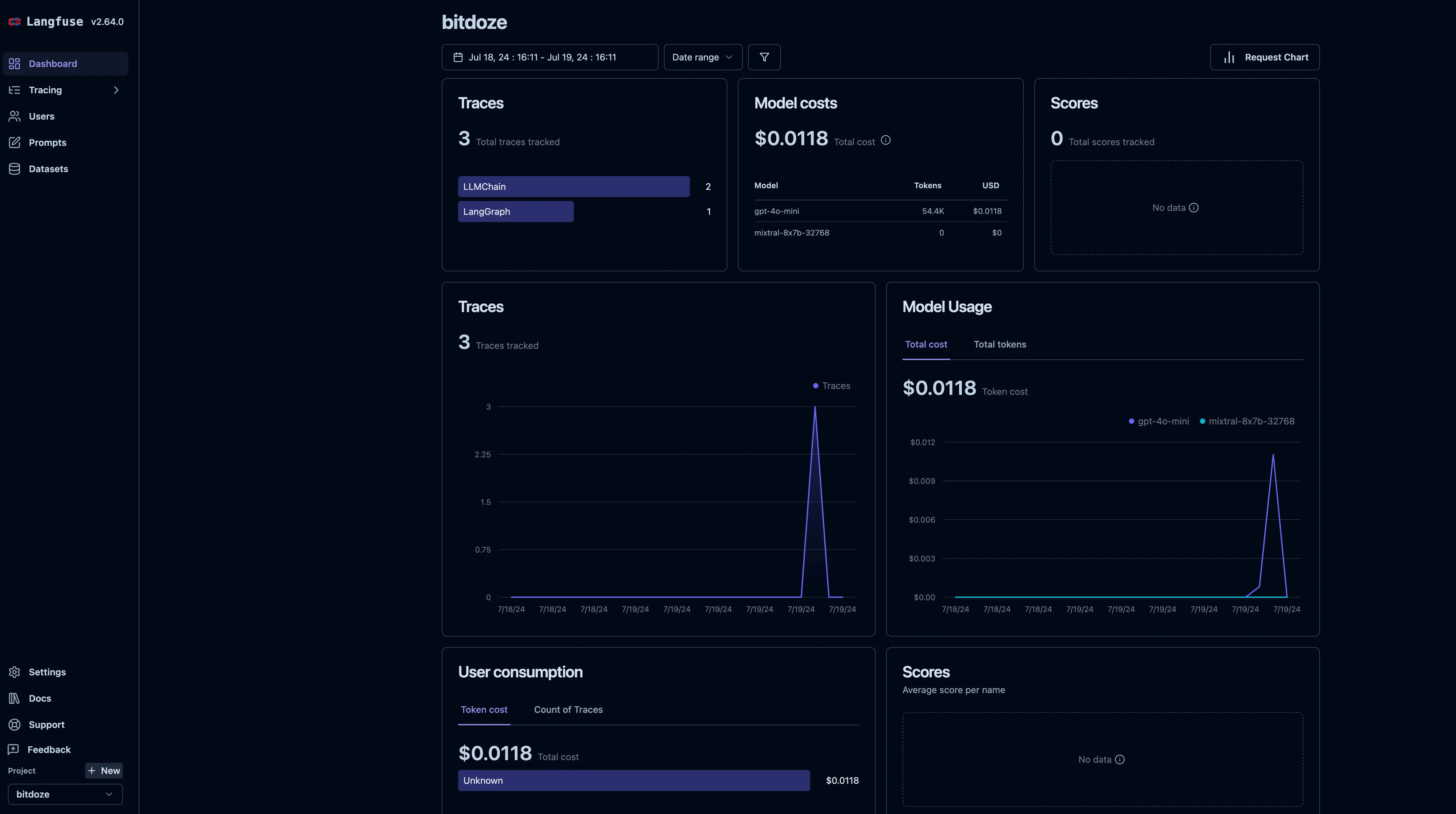 Langfuse dashboard after first login with projects, traces, and API keys