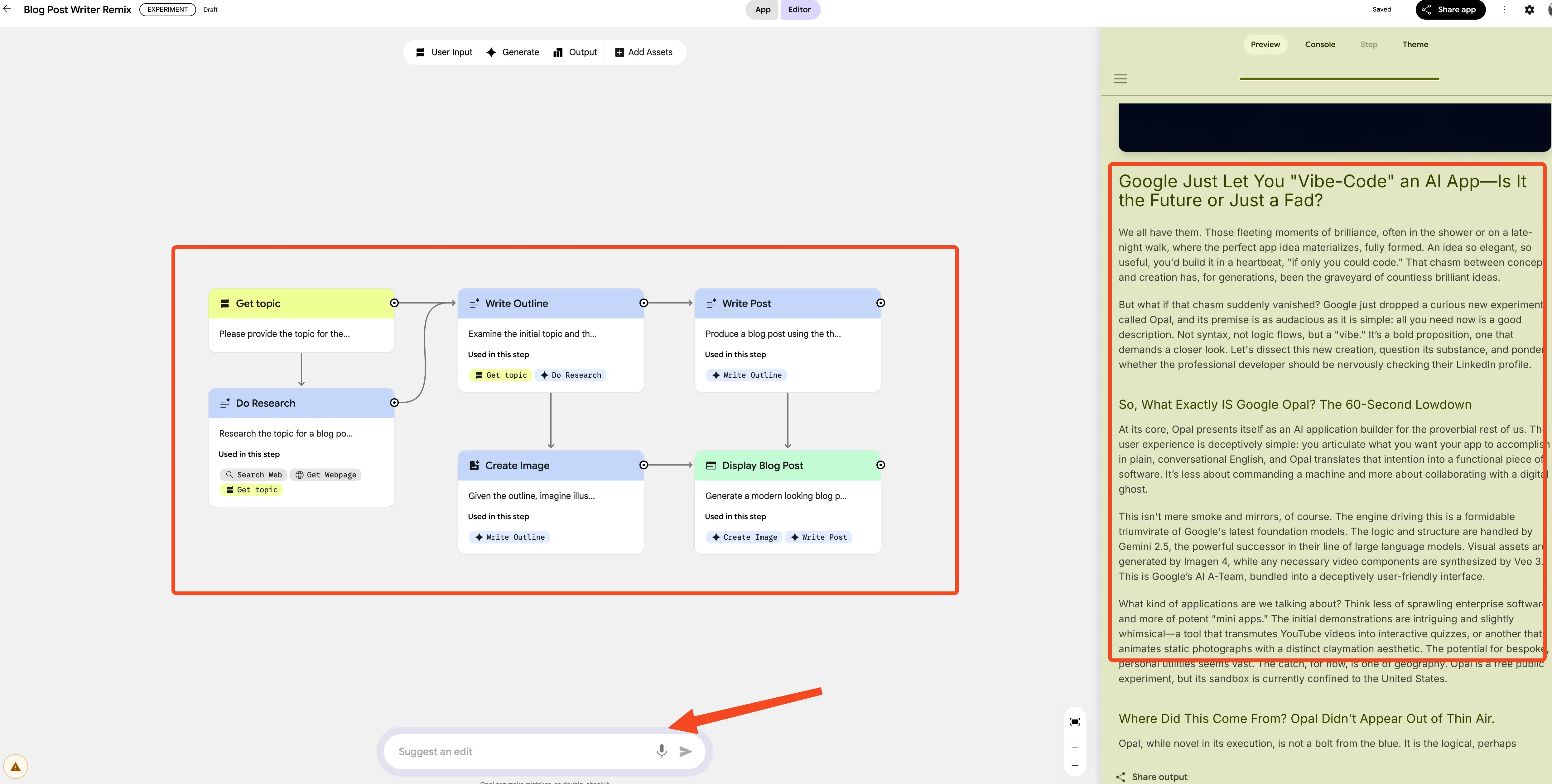 Google Opal AI app builder overview showing Input, Generate, and Output workflow steps