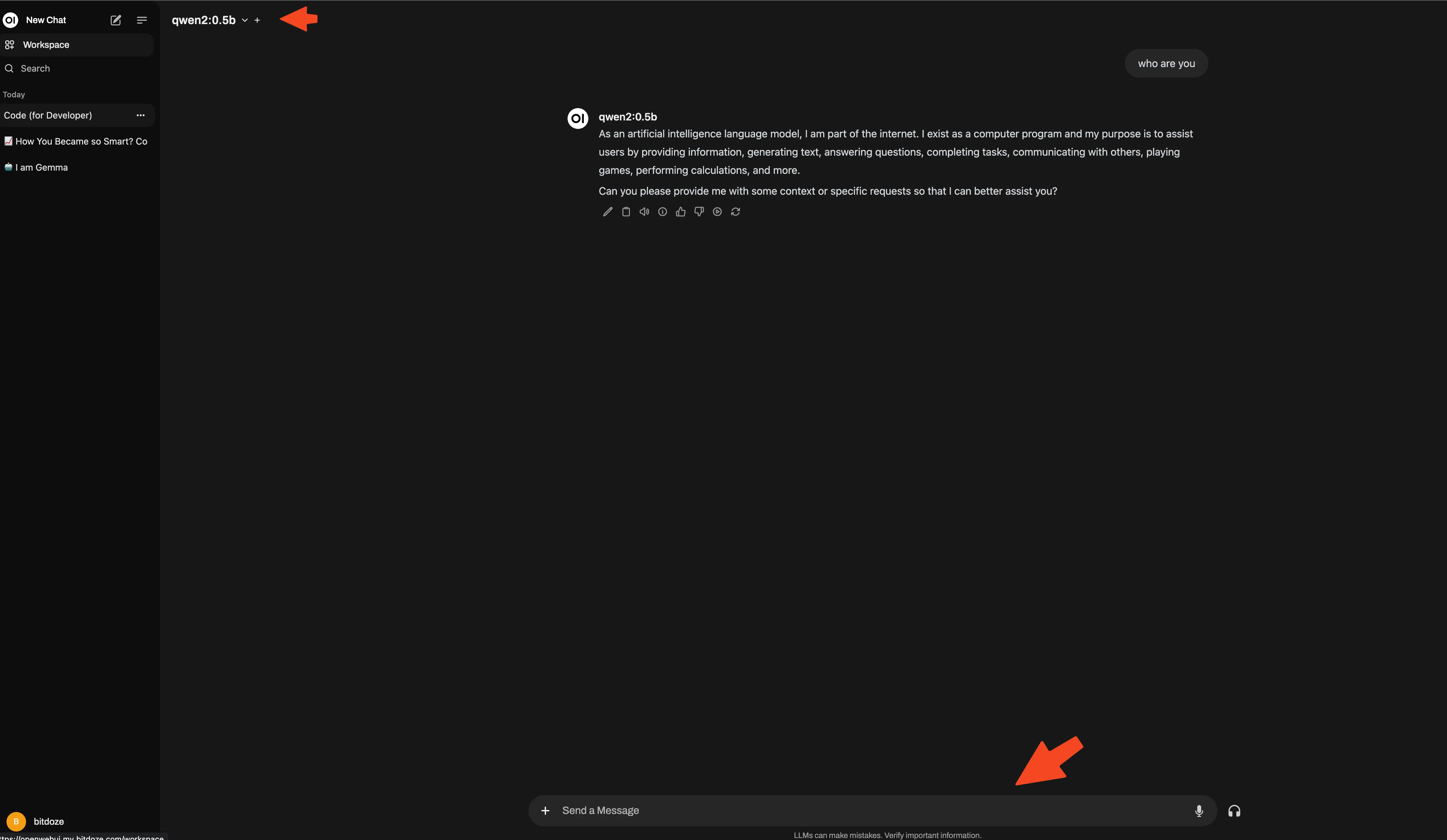 Open WebUI chat window answering a prompt from a locally running Ollama model