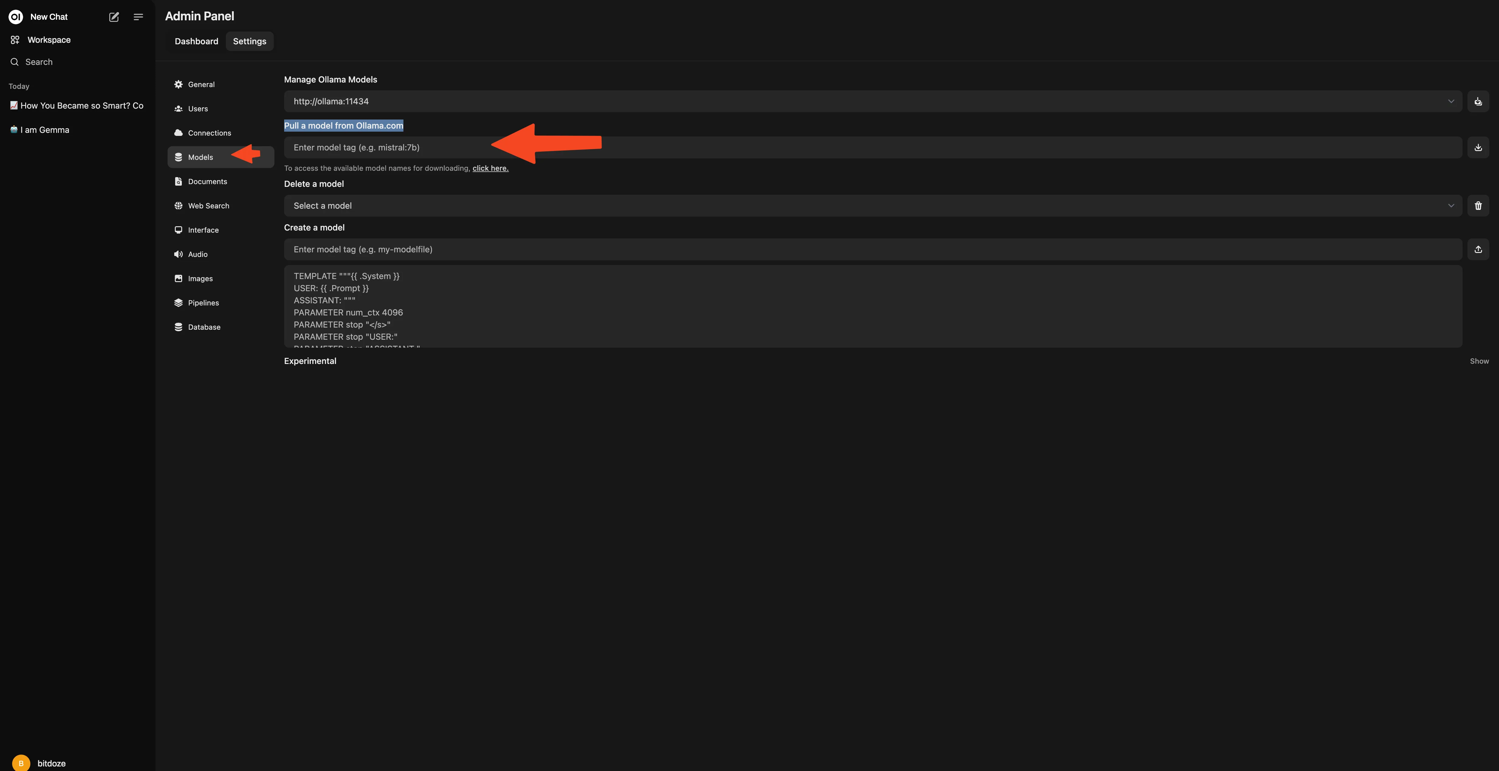Open WebUI Manage dialog pulling an Ollama model from Ollama.com