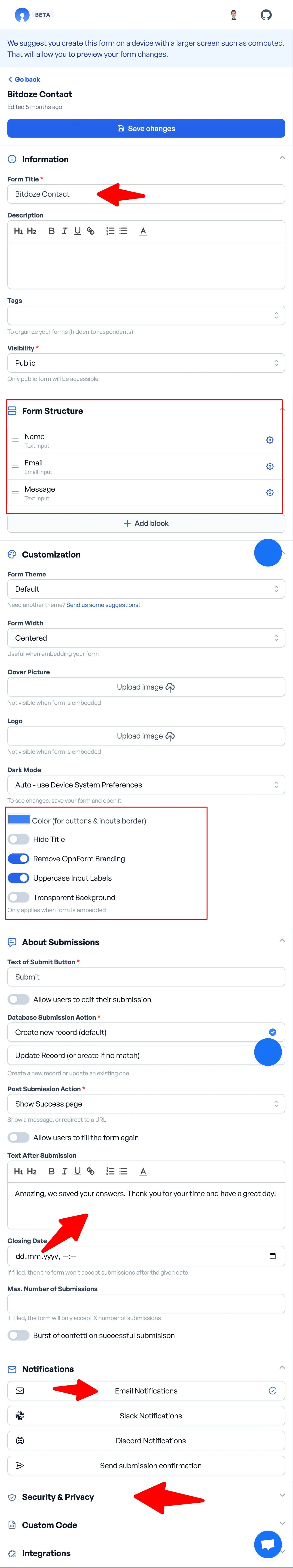 OpnForm form builder settings screen with email notification options