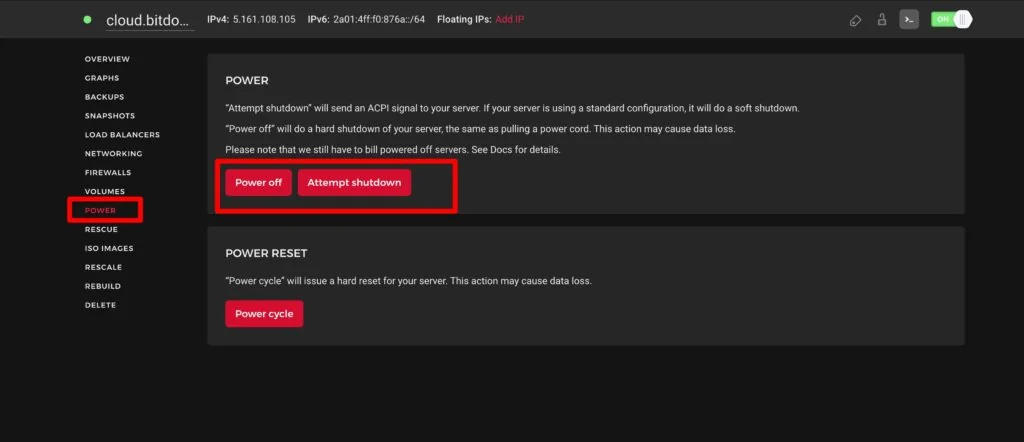 Hetzner VPS power off button