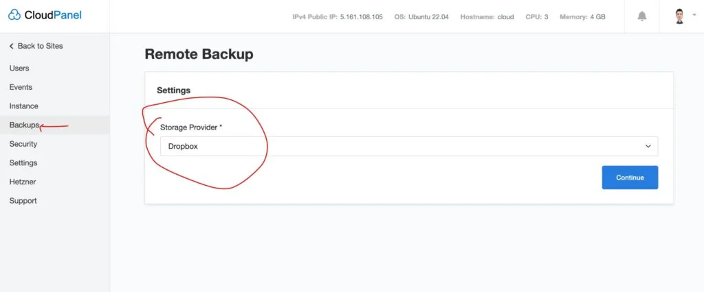CloudPanel remote backup configuration