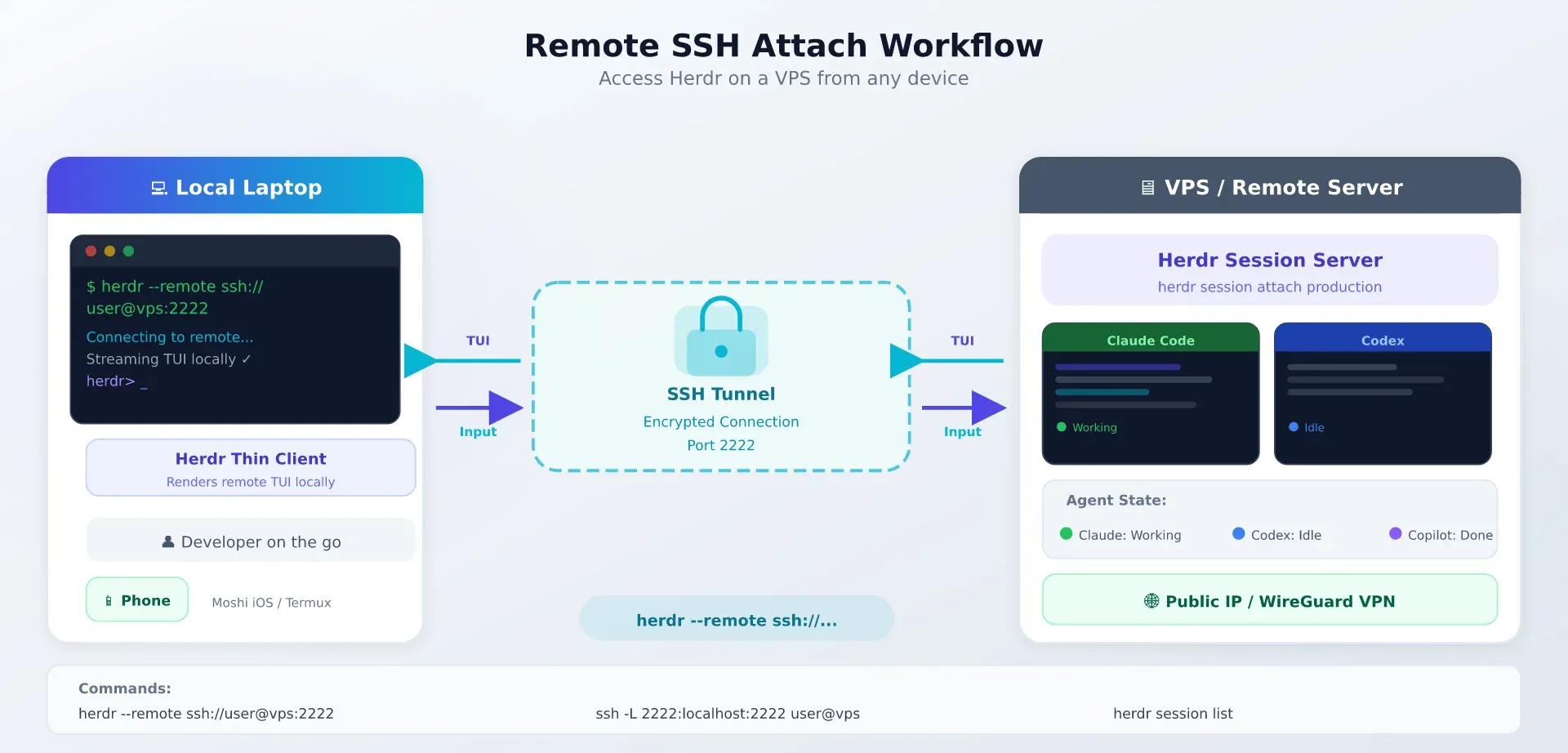 Herdr remote SSH attach workflow showing laptop connecting through SSH tunnel to VPS with session server