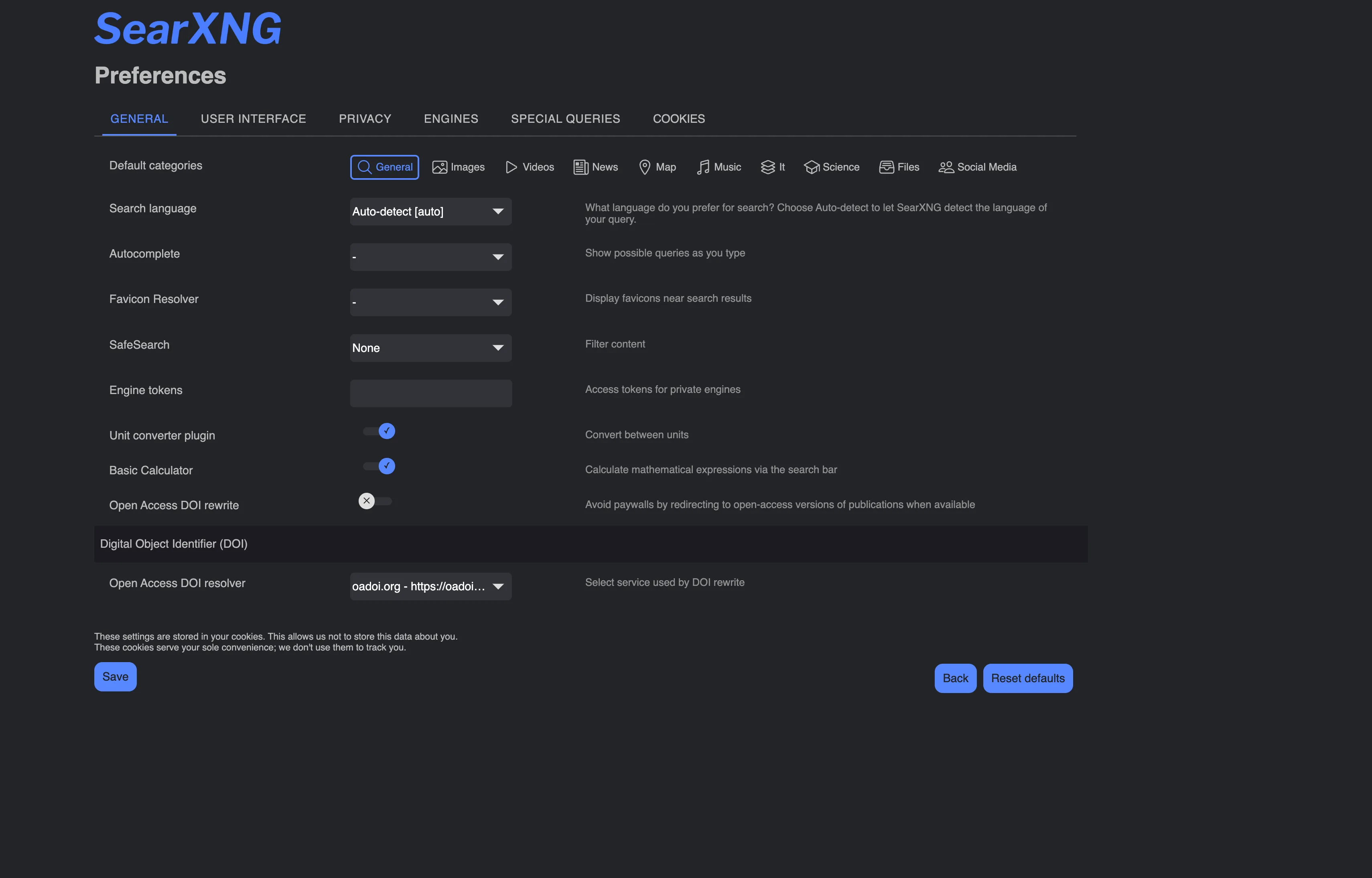 SearXNG search engines