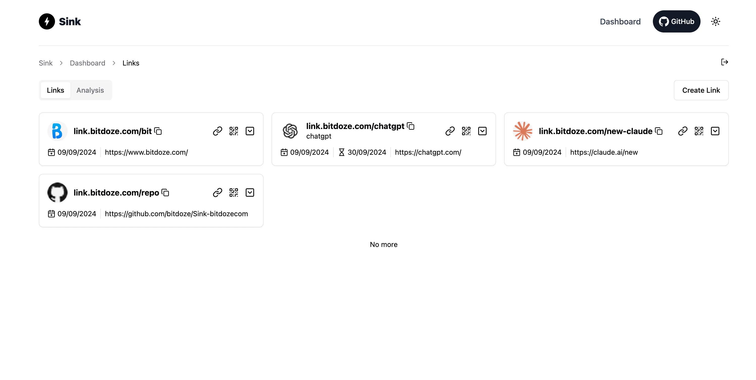 Sink dashboard showing the link management UI