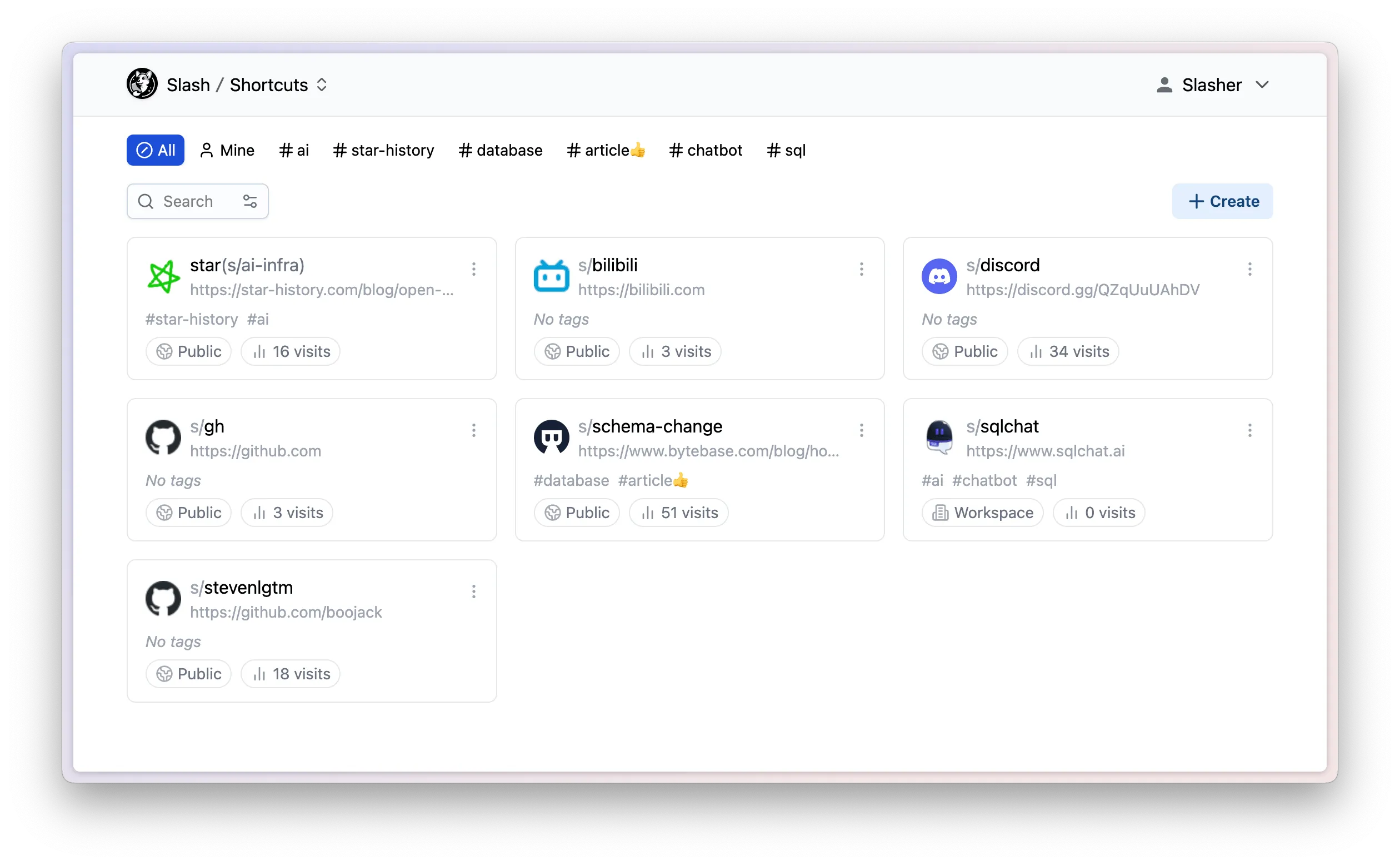 Slash link shortener dashboard showing bookmark and link management interface