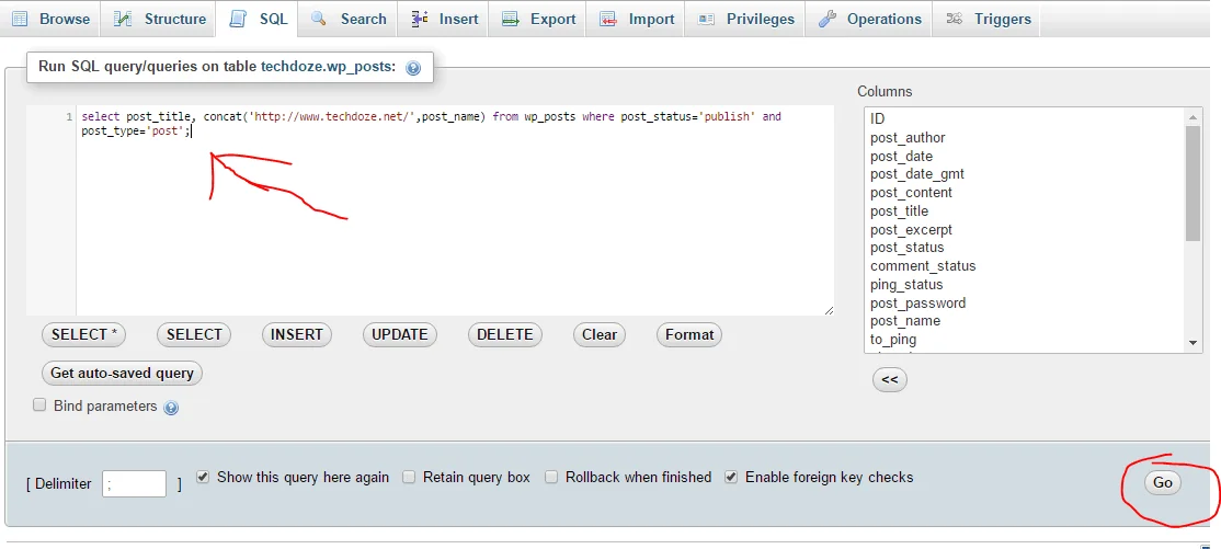 Running the SQL query in phpMyAdmin