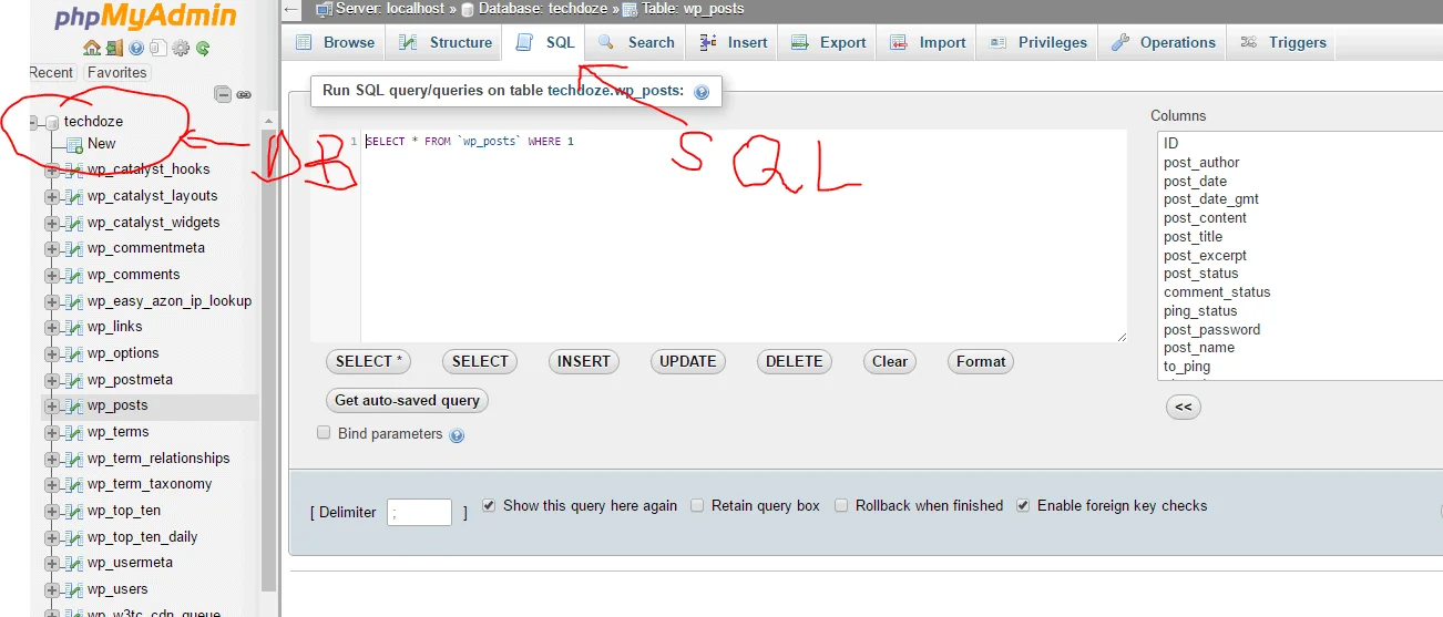 phpMyAdmin SQL tab