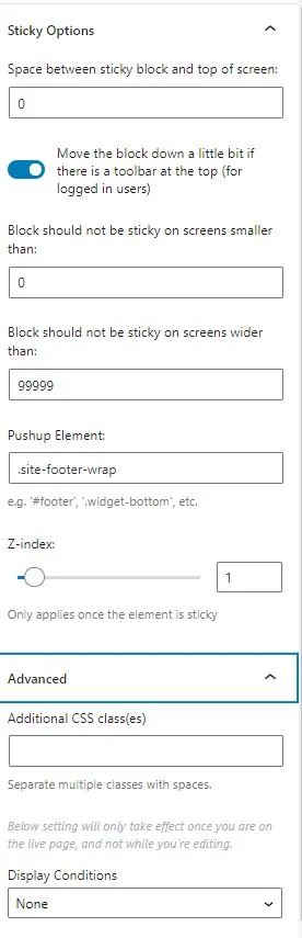Sticky Block options panel