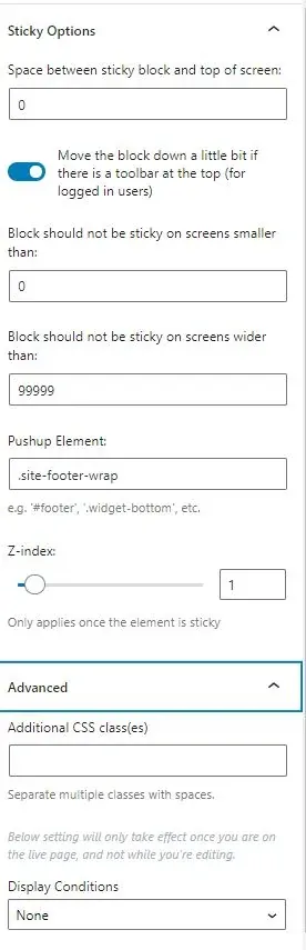 Sticky Block options panel