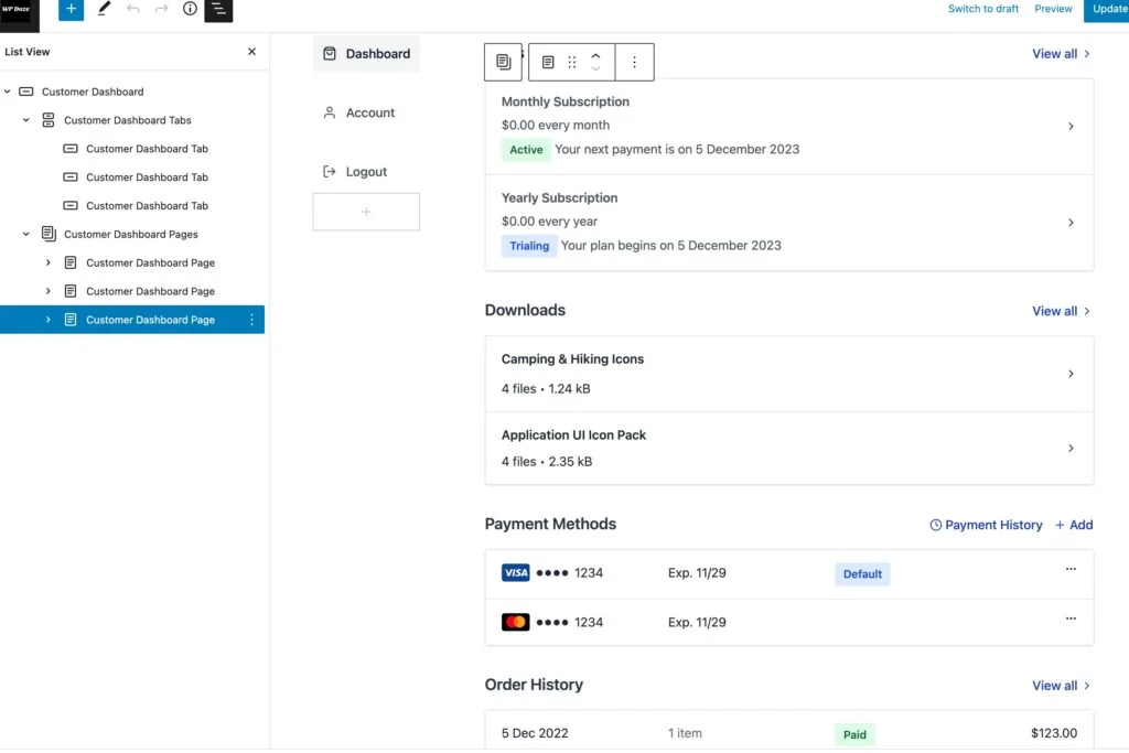 SureCart customer dashboard