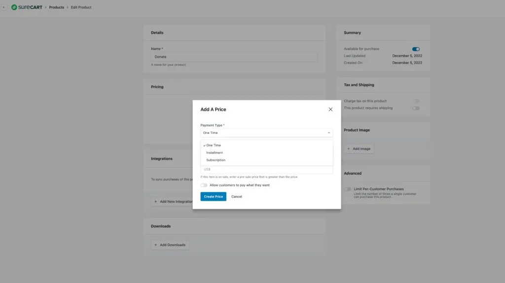 SureCart product types