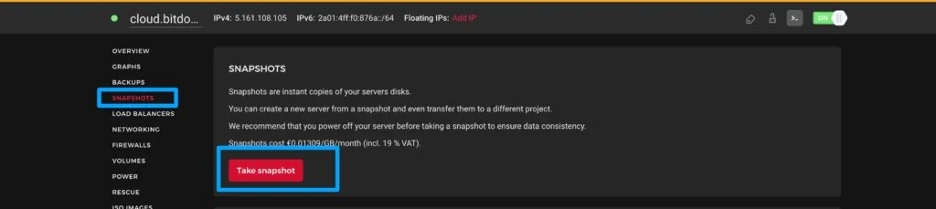 Hetzner take snapshot button