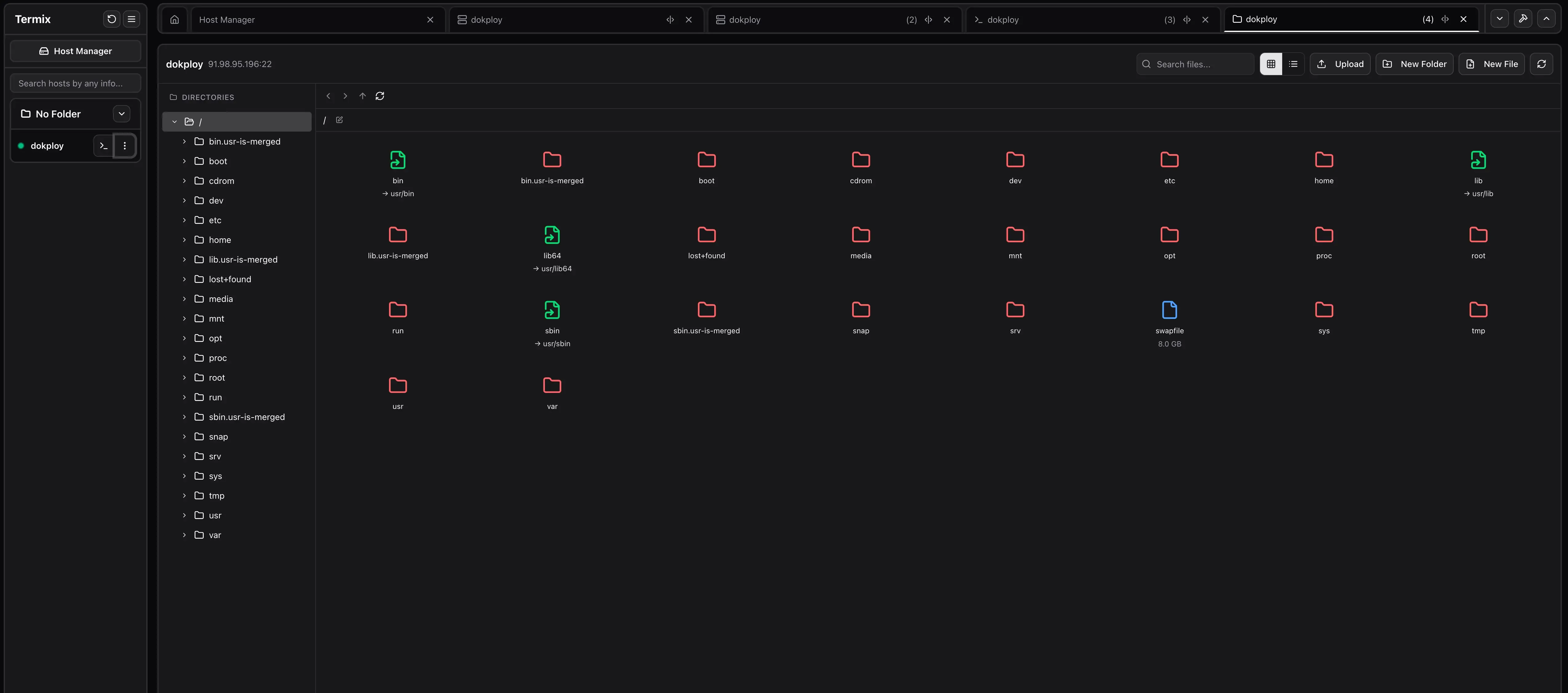 Termix file manager editing remote Linux files in the browser
