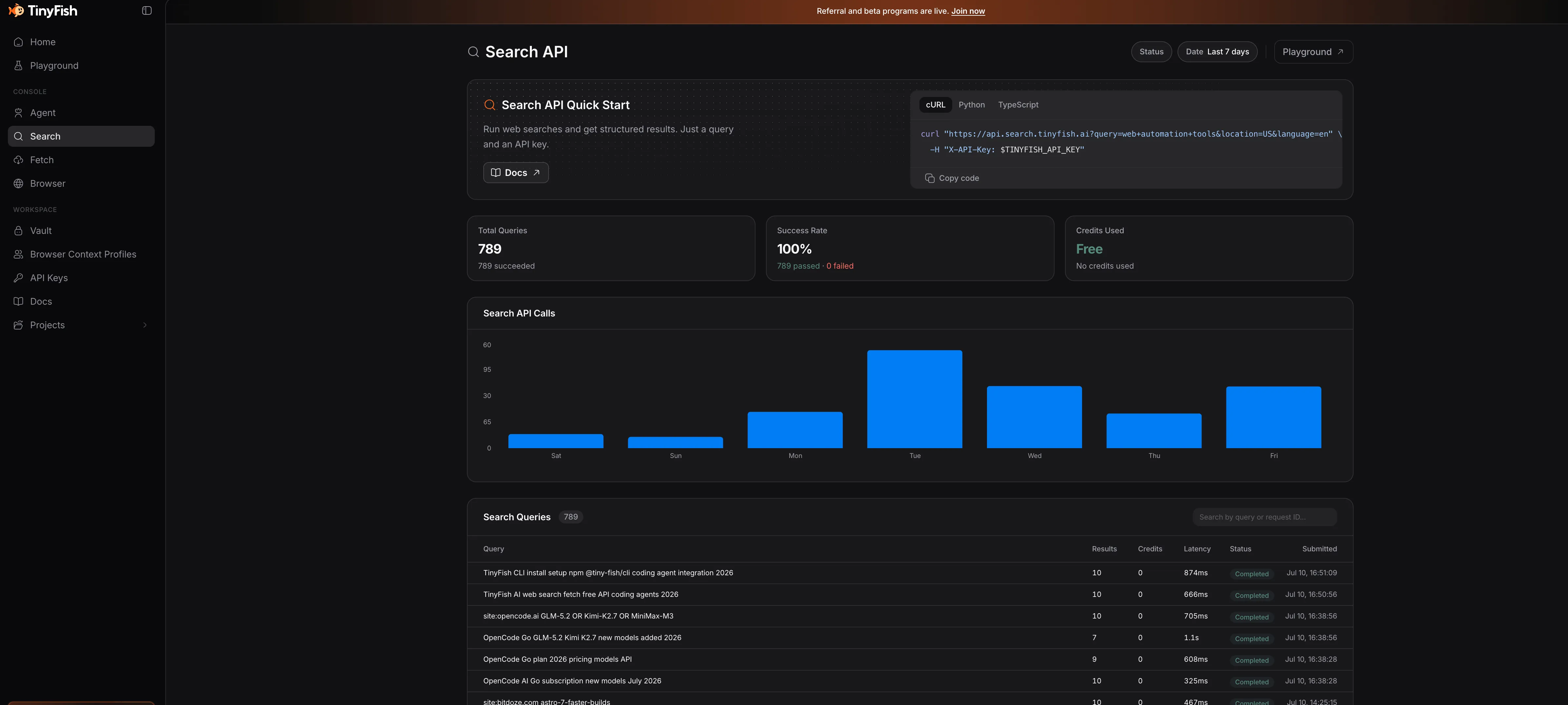 TinyFish Search API stats showing 40.6K requests