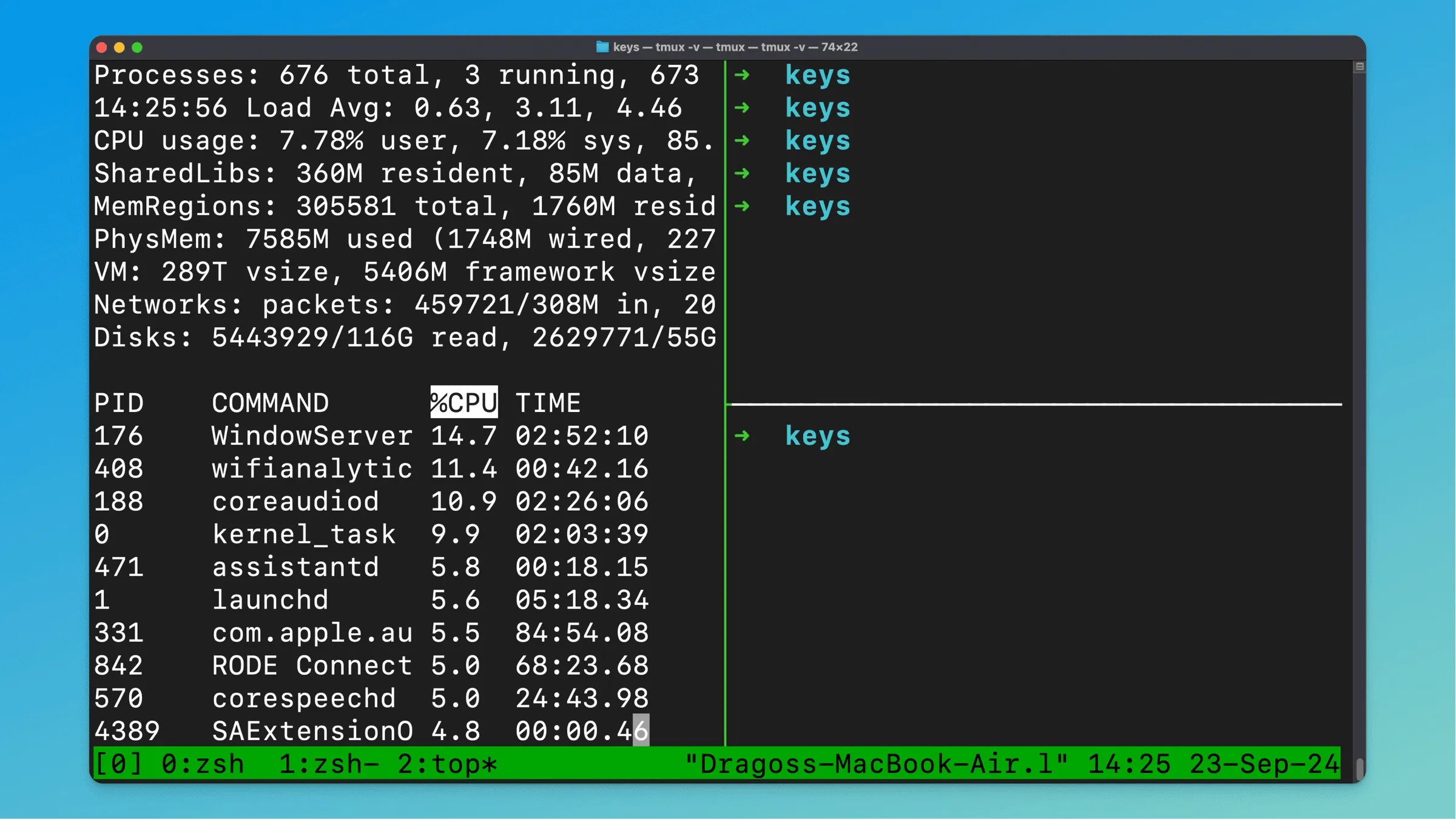 macOS terminal showing a tmux window split into three panes with the tmux status bar at the bottom