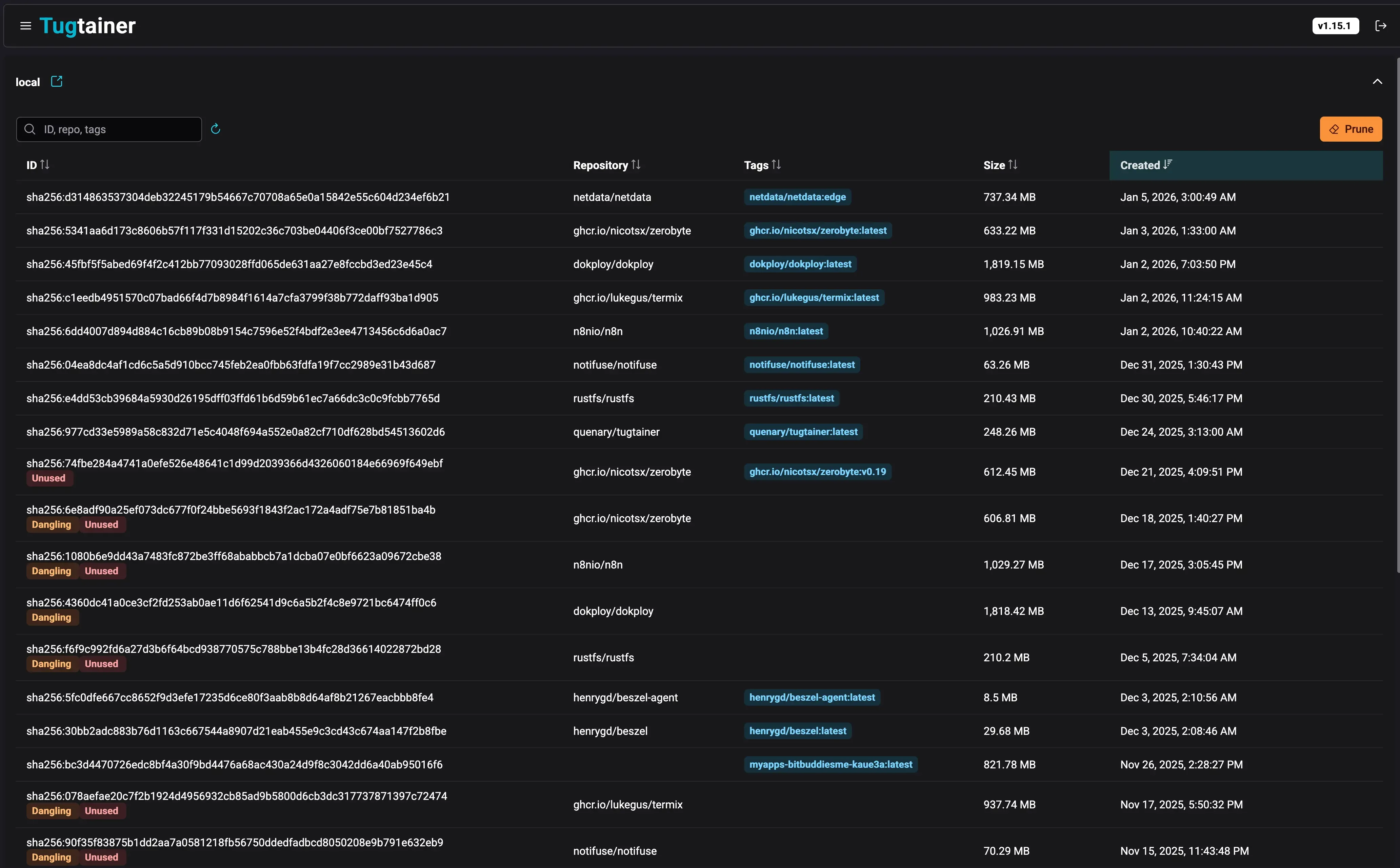 Tugtainer main dashboard view showing all containers and update status