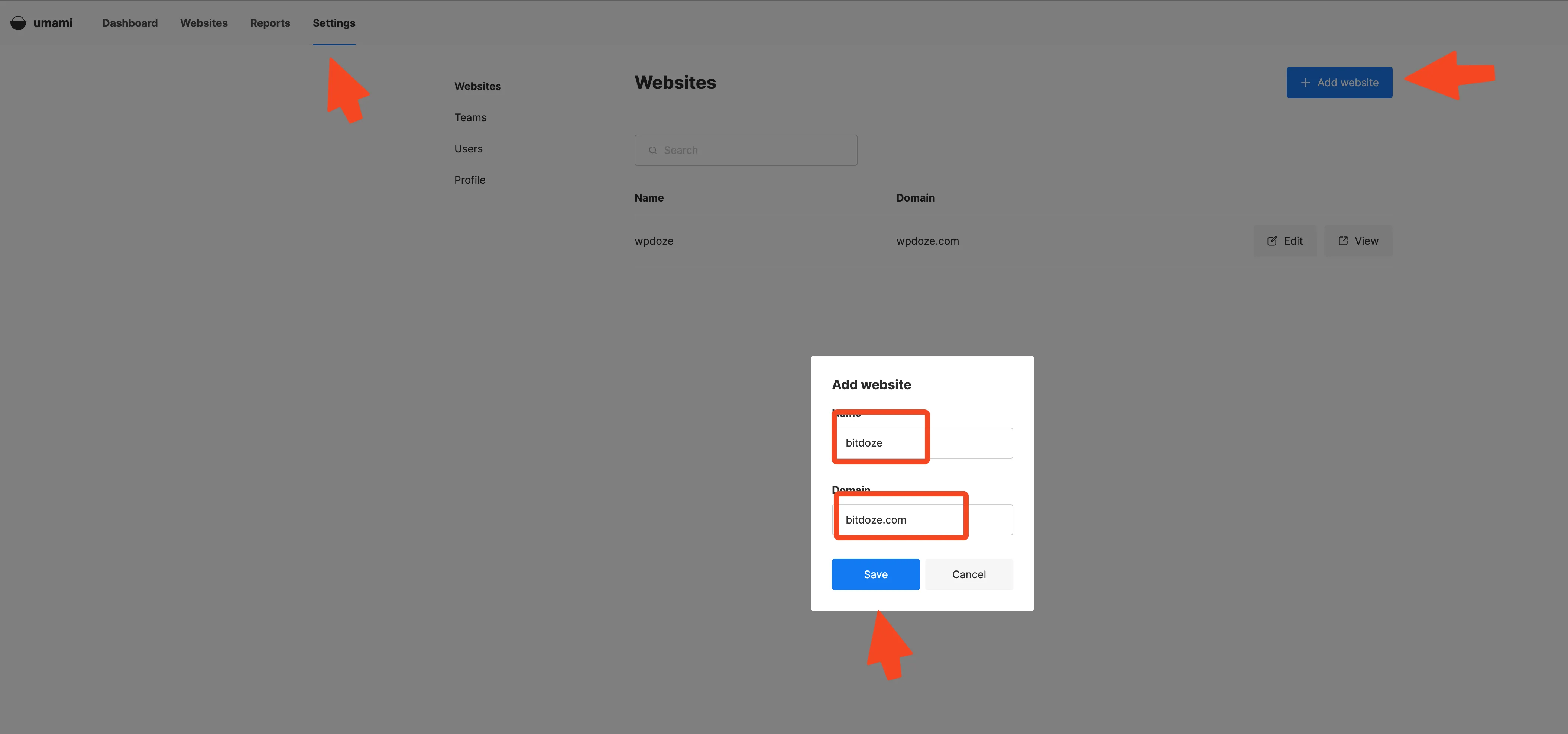 Adding a website in Umami Analytics