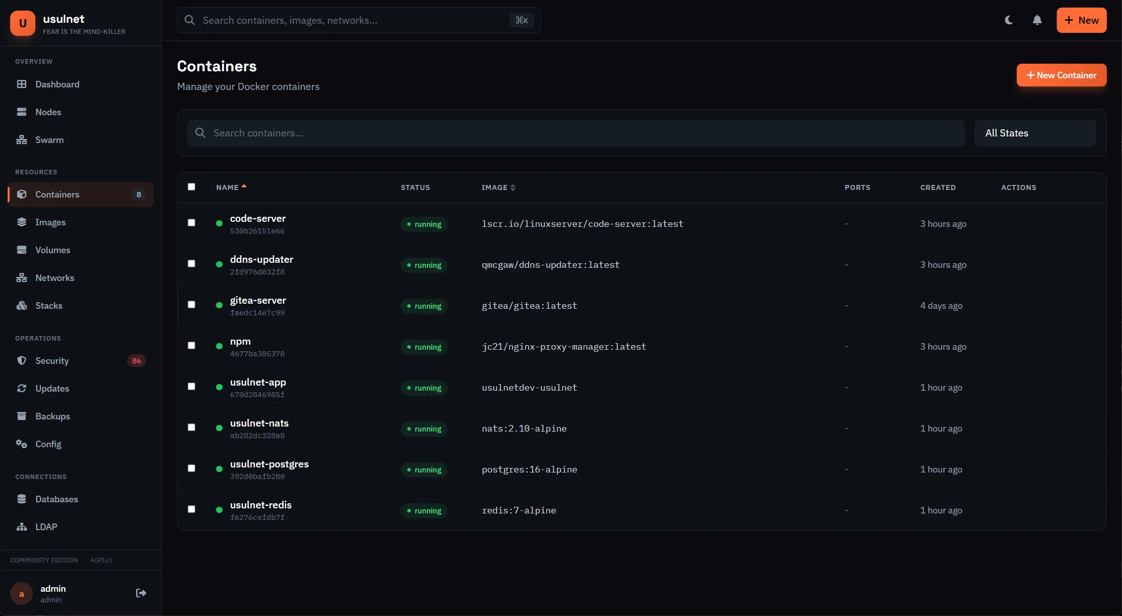 UsulNet container management interface showing container list with real-time stats