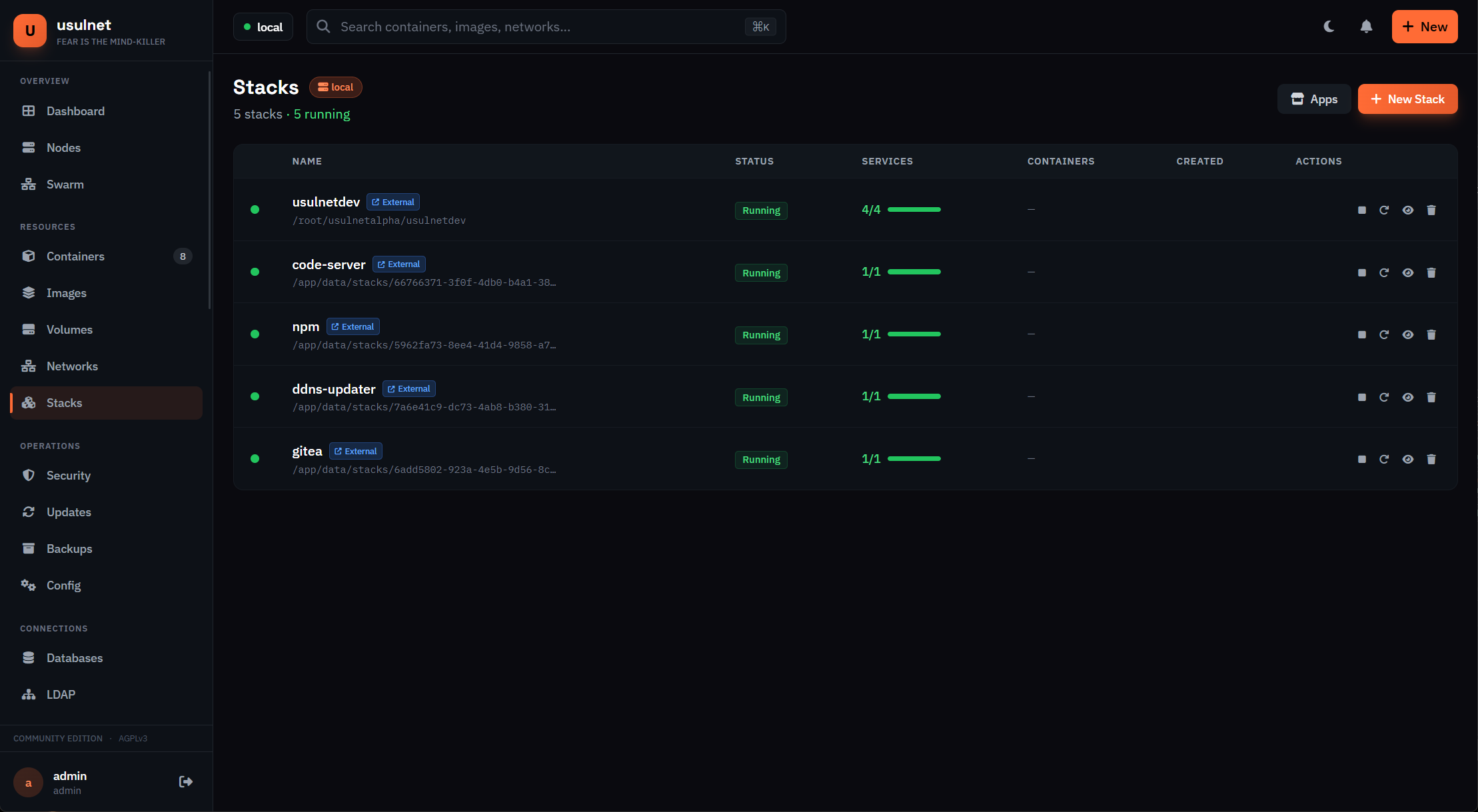 UsulNet stack deployment interface with compose editor and template catalog