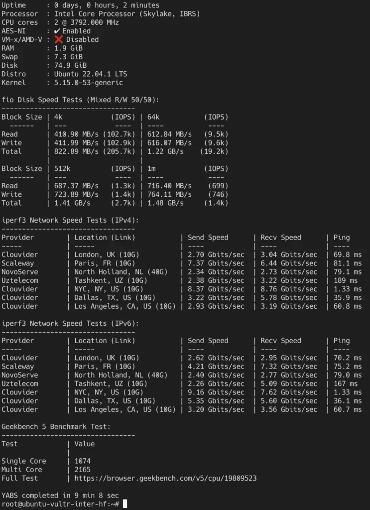 Vultr Intel HF yabs.sh benchmark results