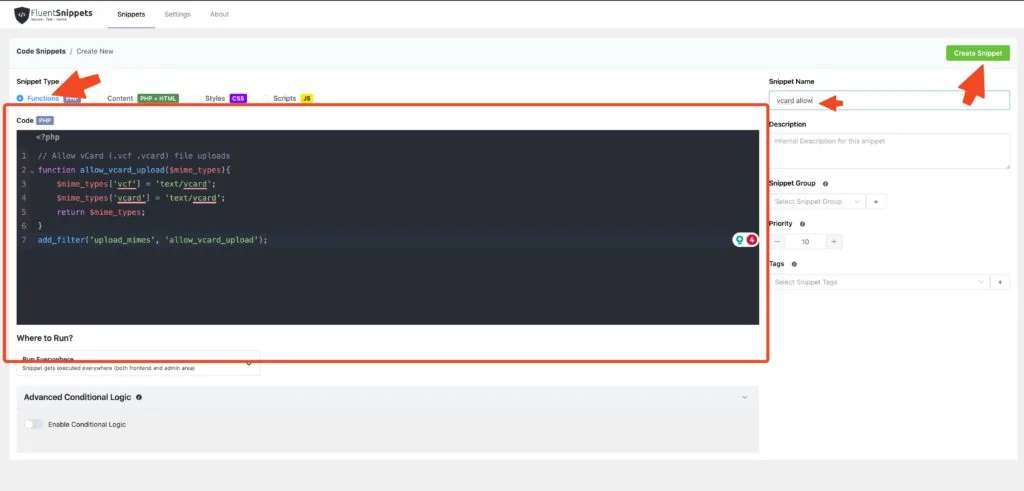 FluentSnippets code snippet to allow vCard uploads in WordPress admin