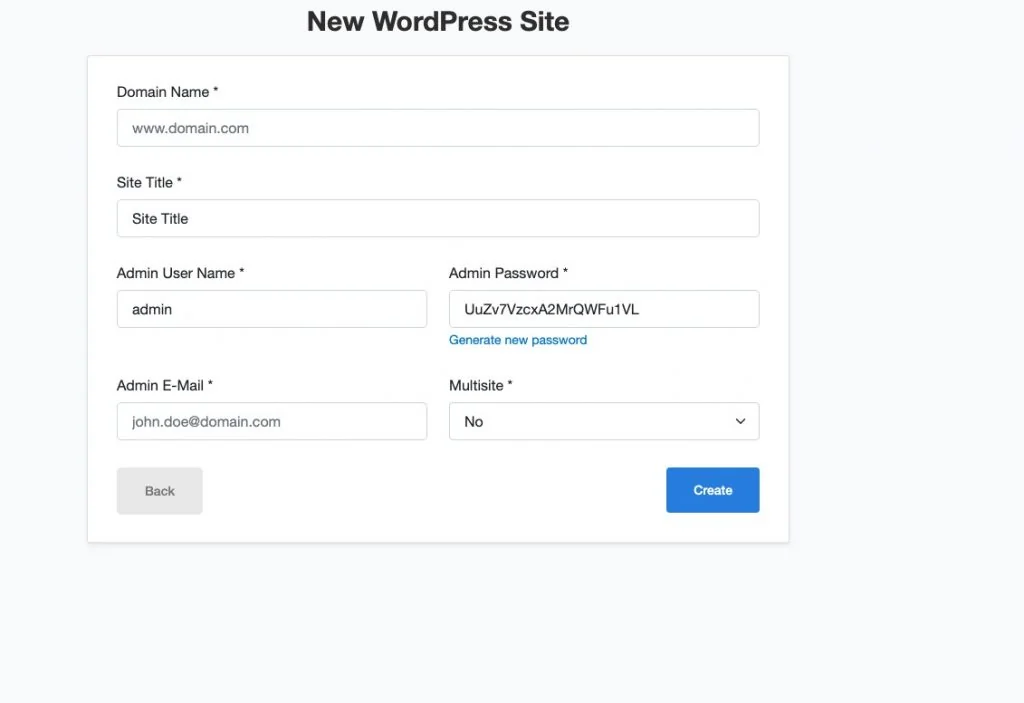 CloudPanel WordPress site details form
