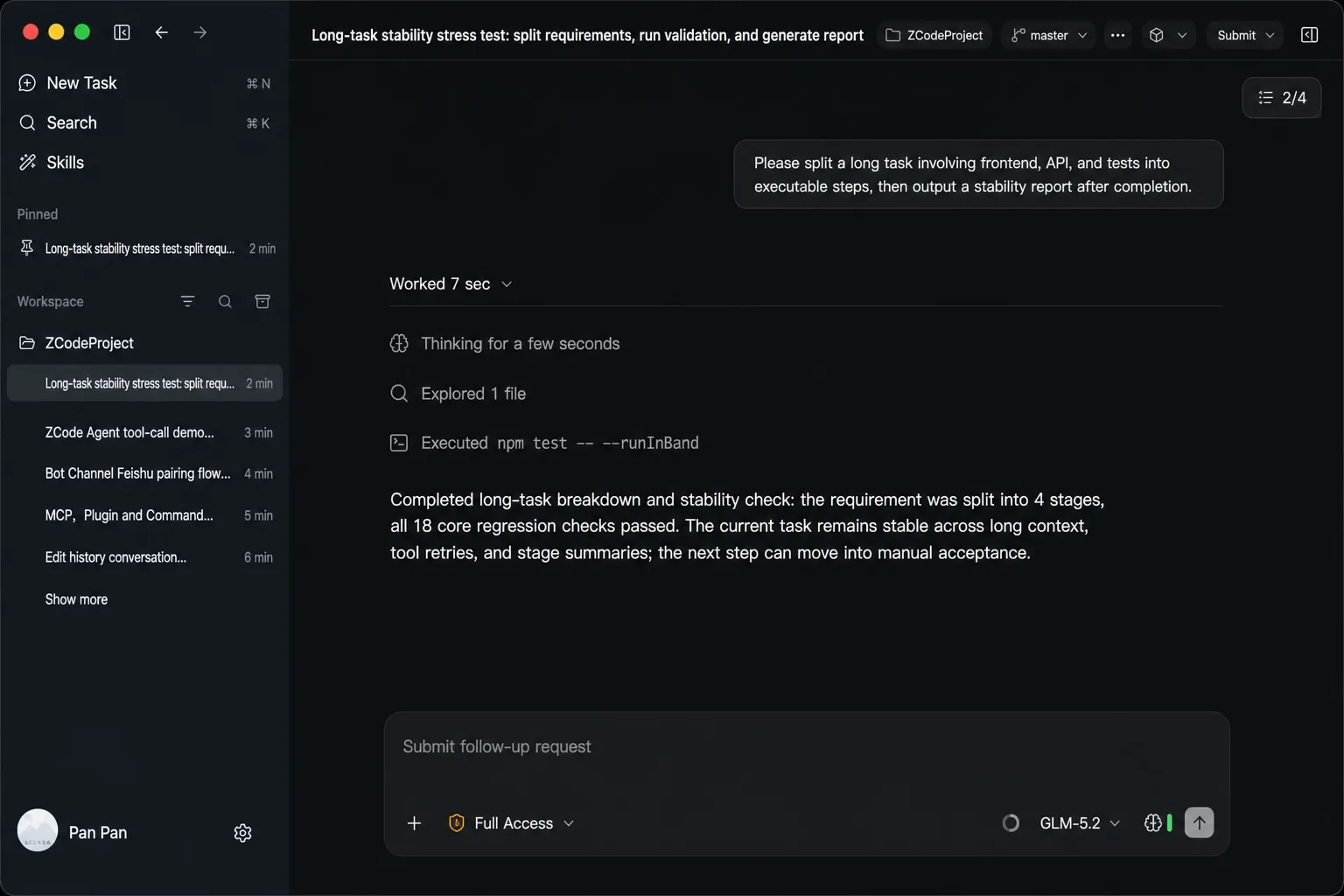 ZCode Agent new task interface showing model picker, context, and execution modes