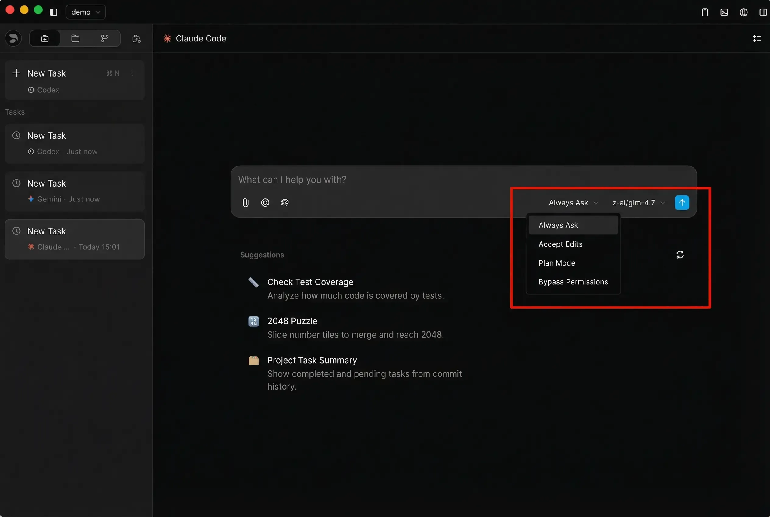 Z Code permission modes selector showing Always Ask, Accept Edits, Plan Mode, and Bypass
