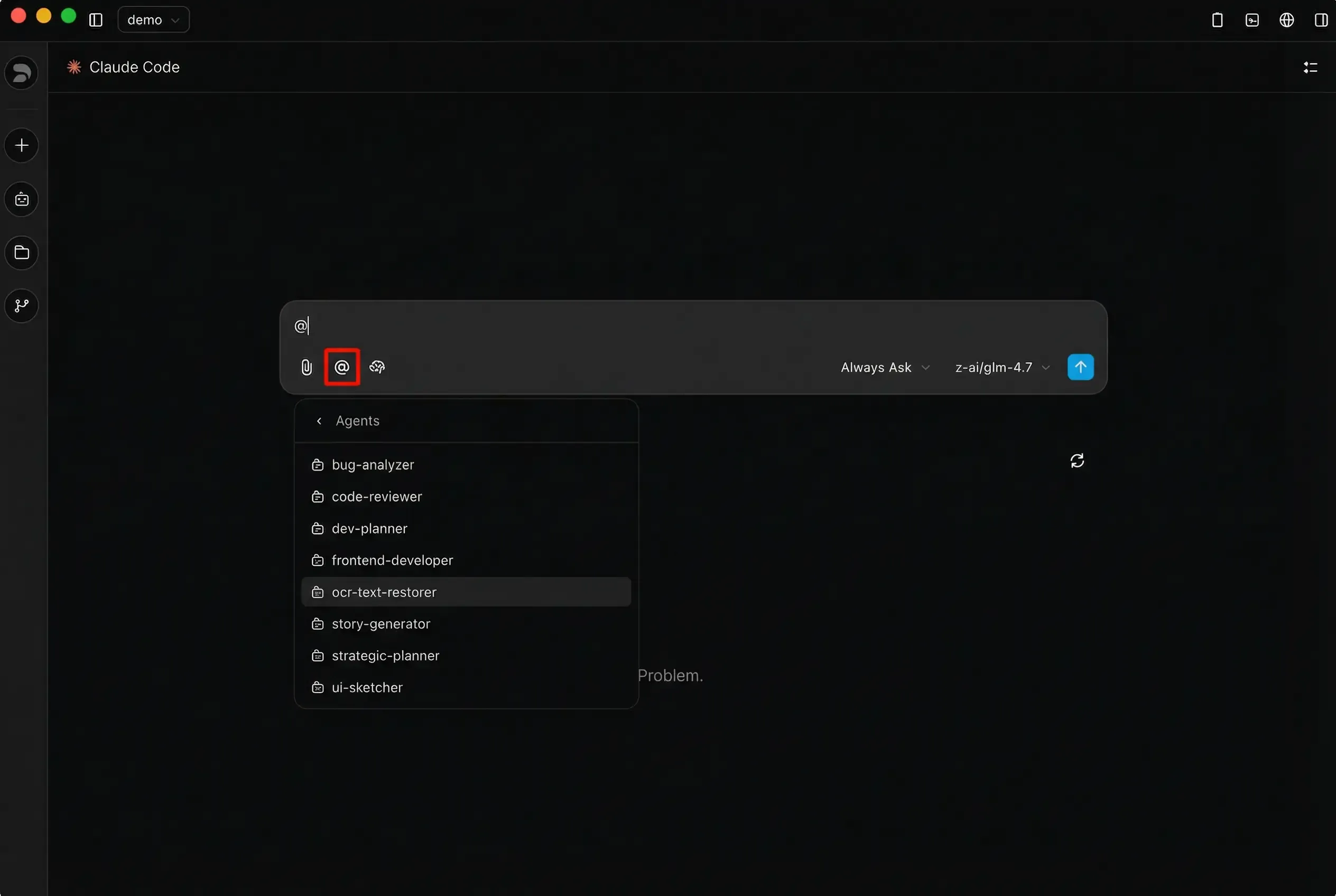 Z Code agent invocation with @ mention showing available agents