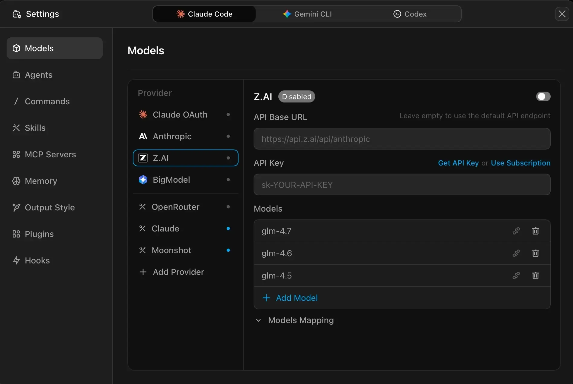 ZCode models configuration panel with AI provider settings