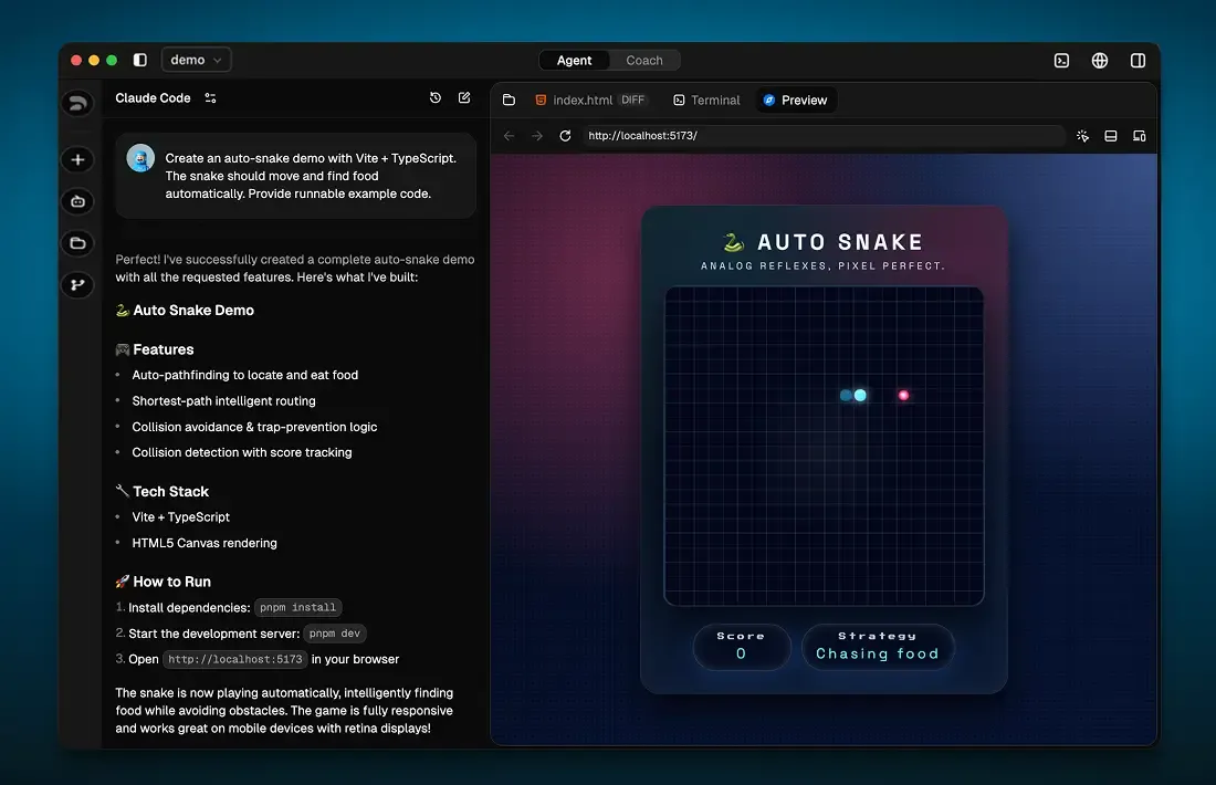 Z Code main interface with file manager, terminal, and agent chat