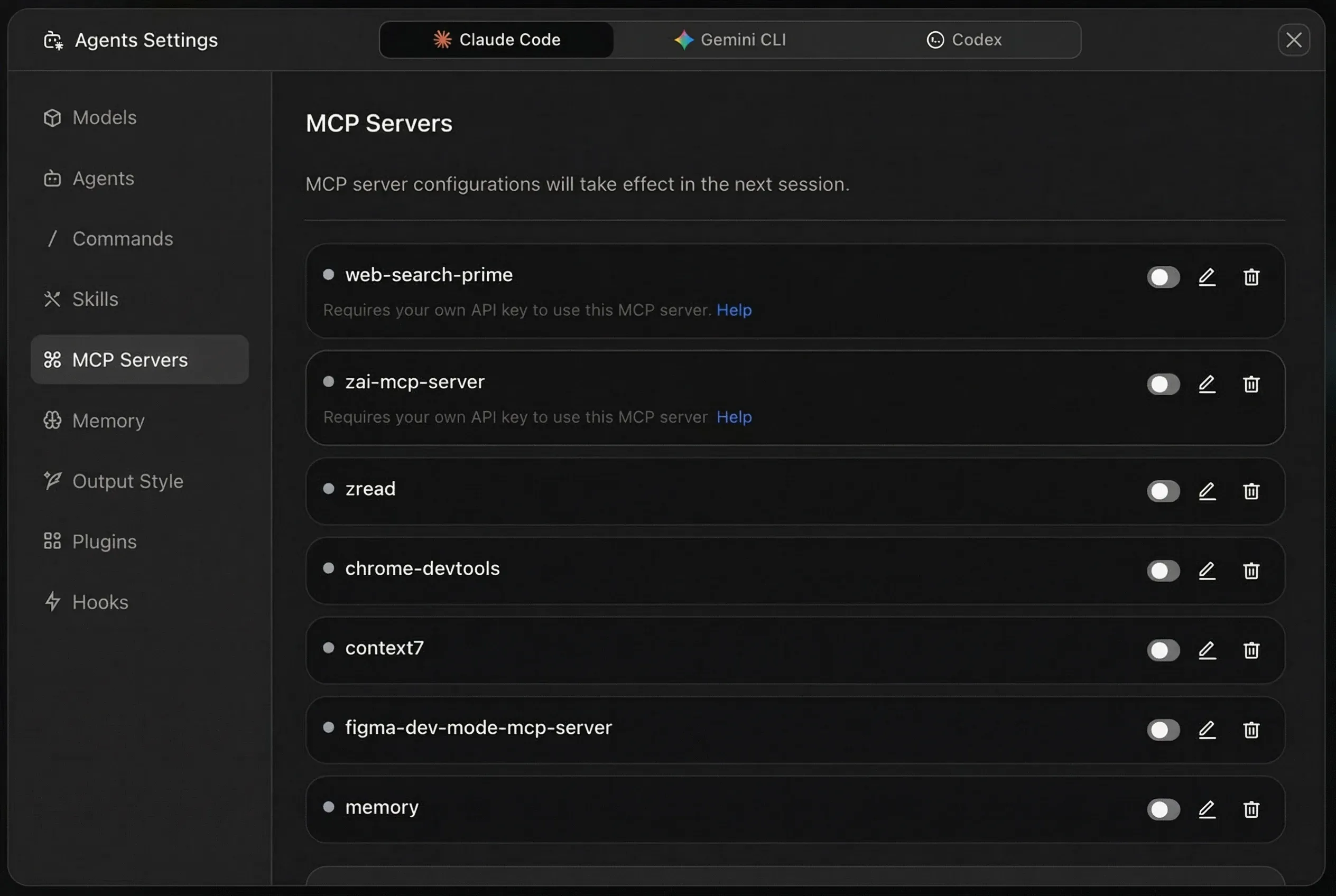 ZCode MCP services configuration with visual understanding, web search, and web reader