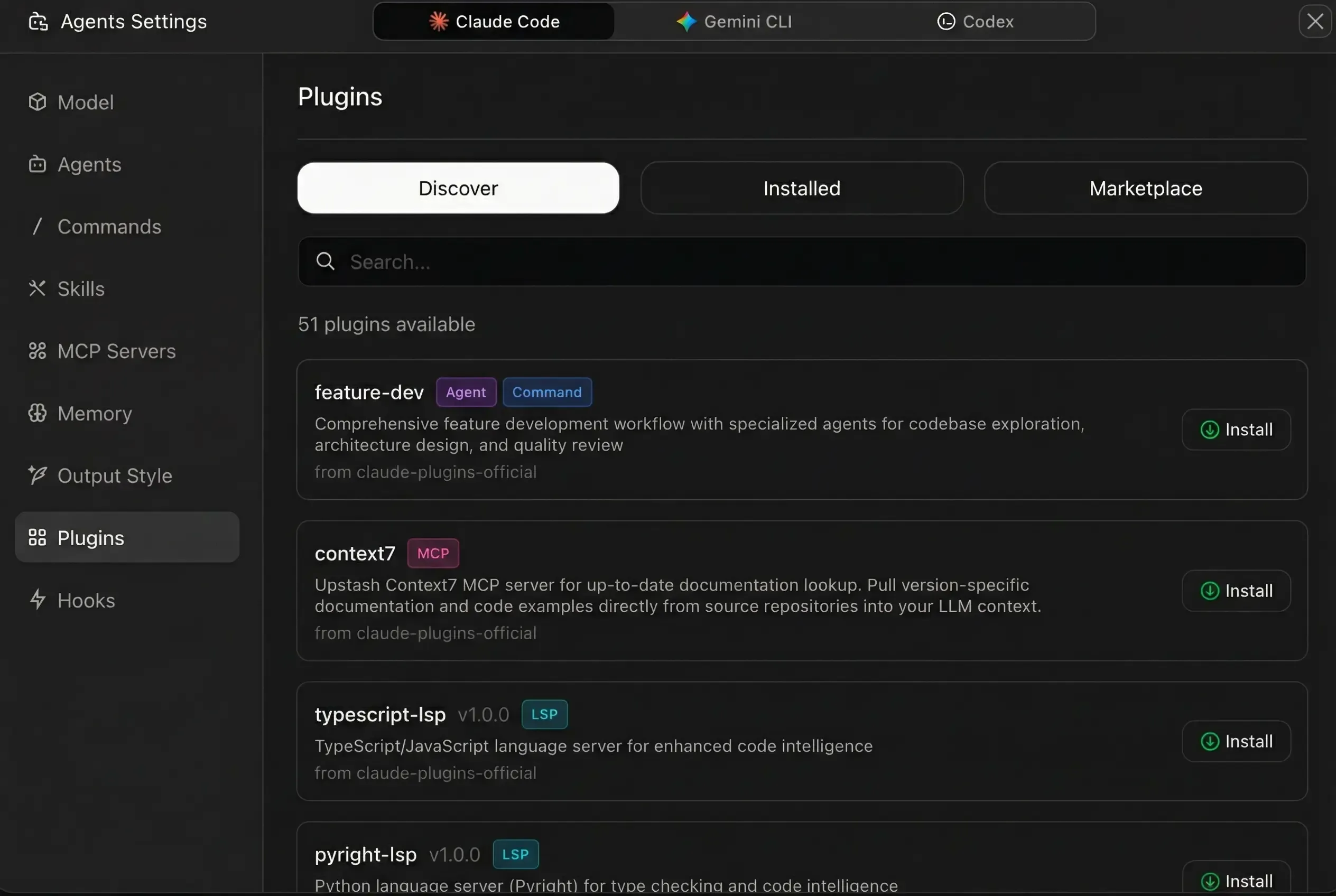 Z Code plugin marketplace showing available plugins for agents, commands, MCP, and LSP