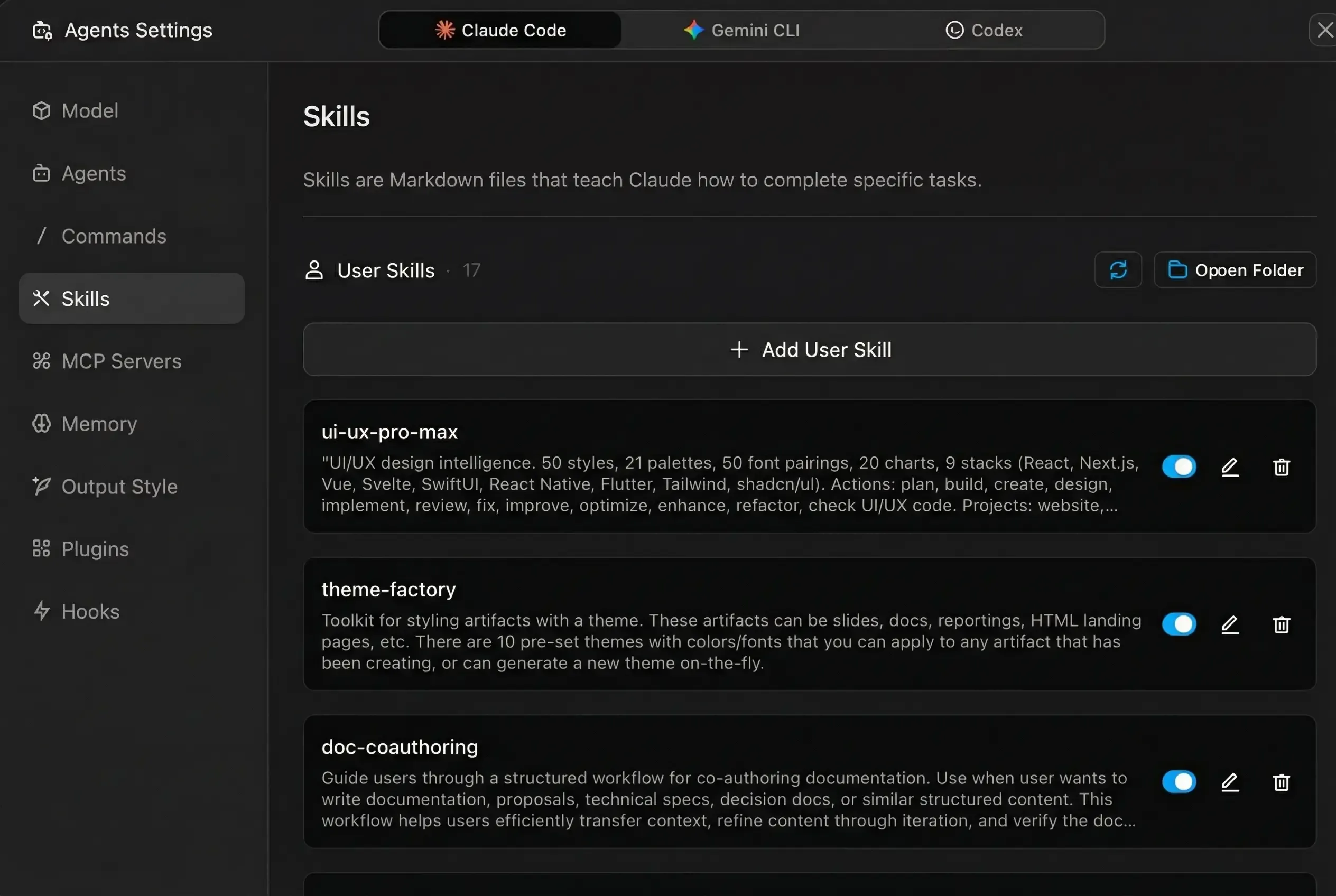 Z Code skills management panel showing installed user and plugin skills