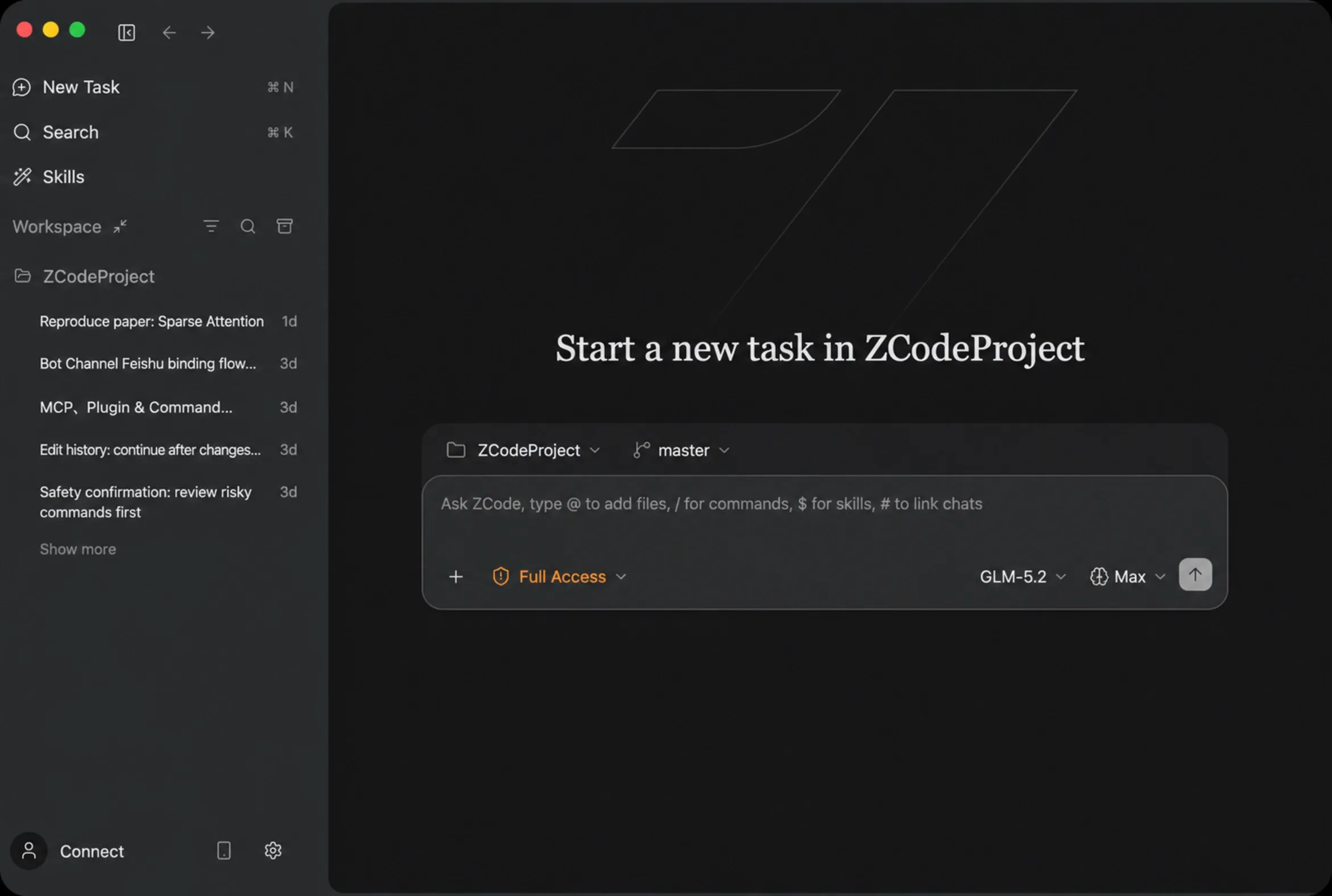 ZCode workspace showing task list, file tree, terminal, and agent chat